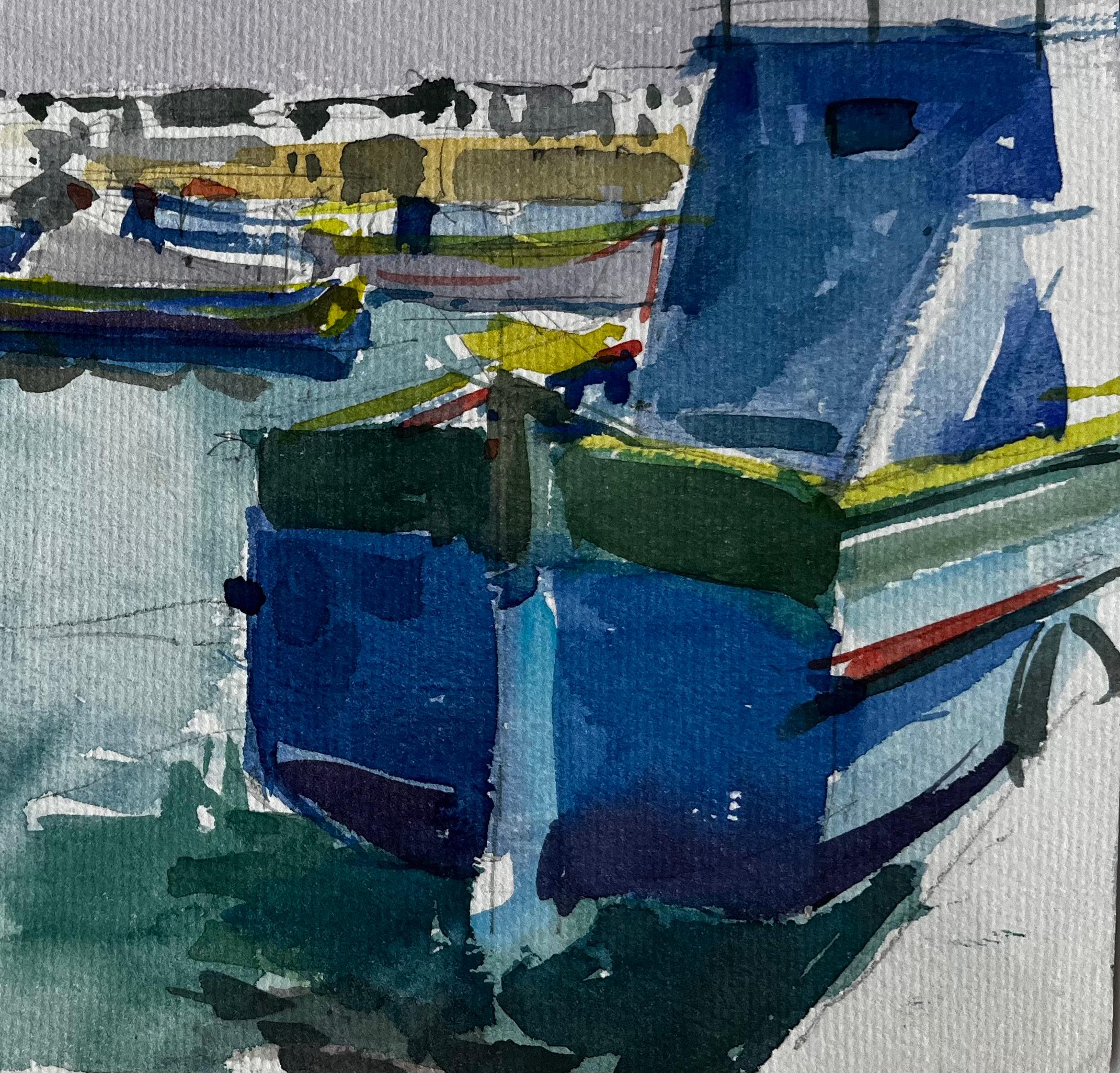 Bateaux de pêche méditerranéens Scène portuaire Aquarelle côtière de Pierre Neveu en vente 2