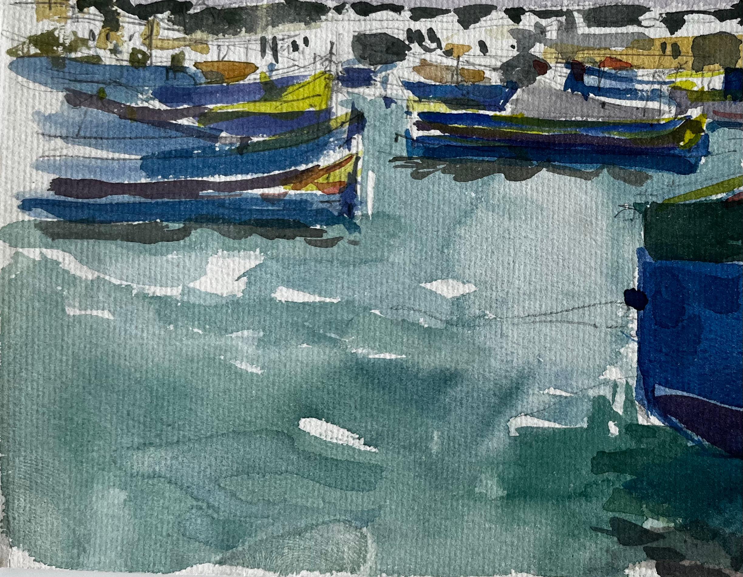 Bateaux de pêche méditerranéens Scène portuaire Aquarelle côtière de Pierre Neveu en vente 5