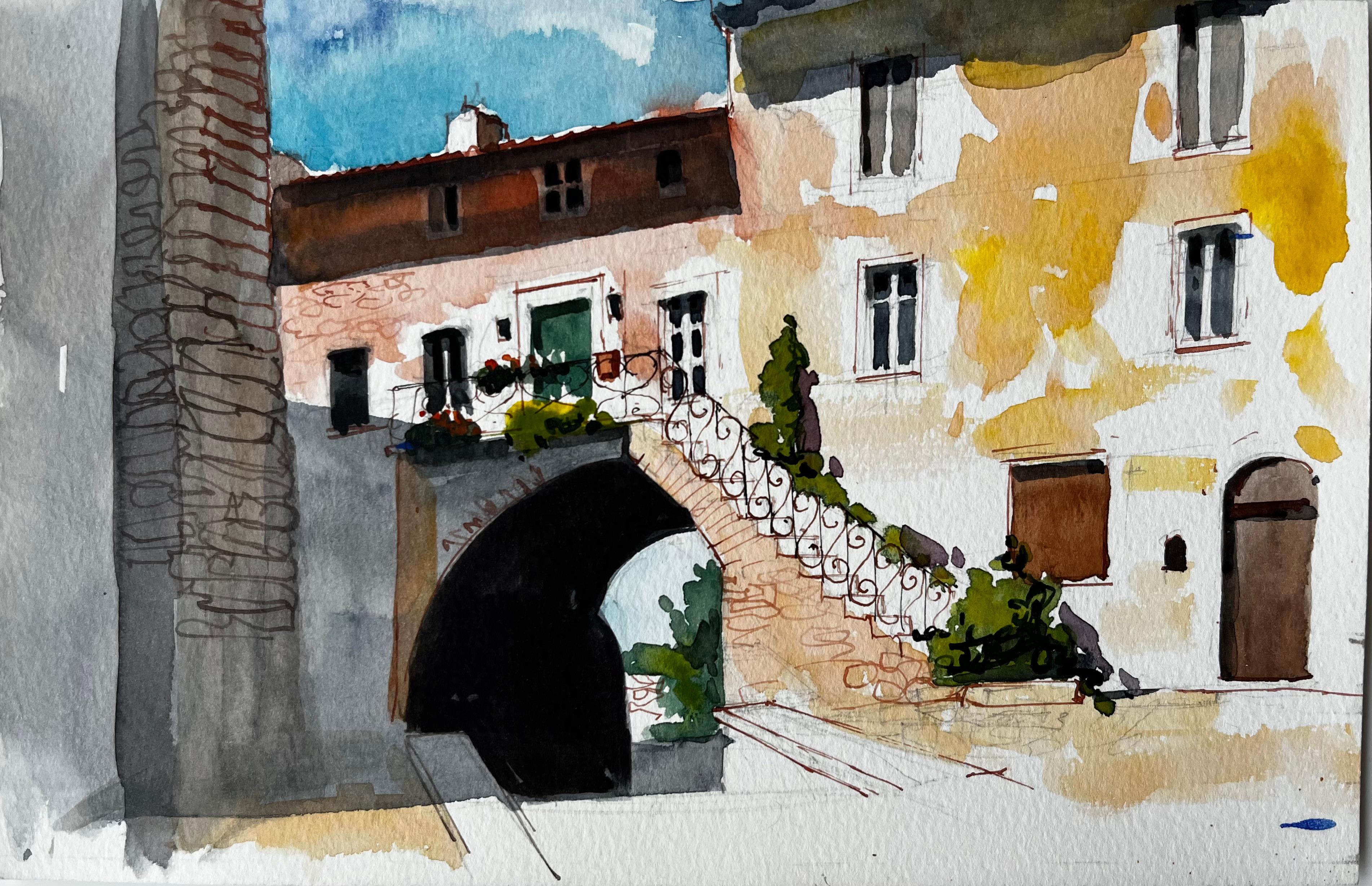 Cour ensoleillée avec arc en pierre et balcon Village italien Aquarelle