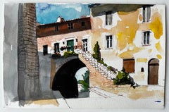 Sunlit Courtyard with Stone Arch and Balcony Italian Village Watercolour