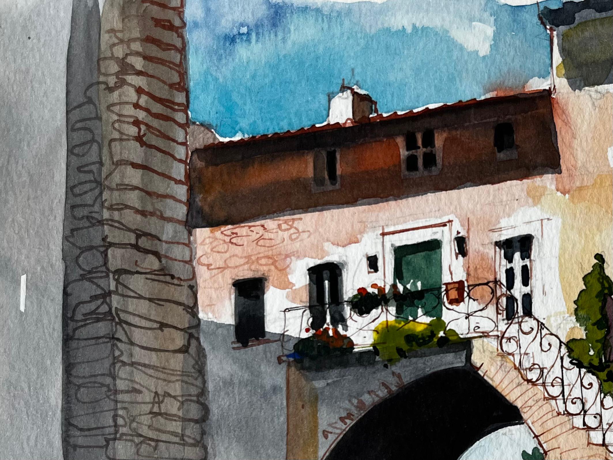 Titel: Sonnenbeschienener Innenhof mit Steinbogen und Balkon Italienisches Dorf Aquarell
Künstler: Pierre Neveu (Franzose, geb. 1929)
Medium: Aquarell auf Künstlerpapier, ungerahmt
Größe (H x B): 6,25 x 9,75 Zoll
Zustand: insgesamt gut; saubere