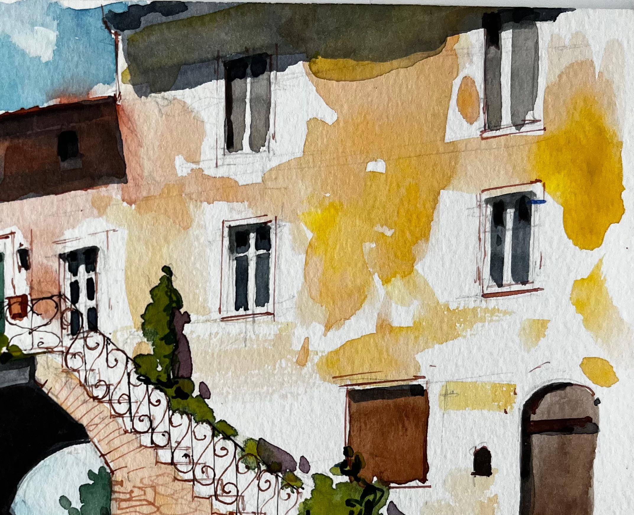Sonnendurchfluteter Innenhof mit Steinbogen und Balkon Aquarell eines italienischen Dorfes (Post-Impressionismus), Painting, von Pierre Neveu