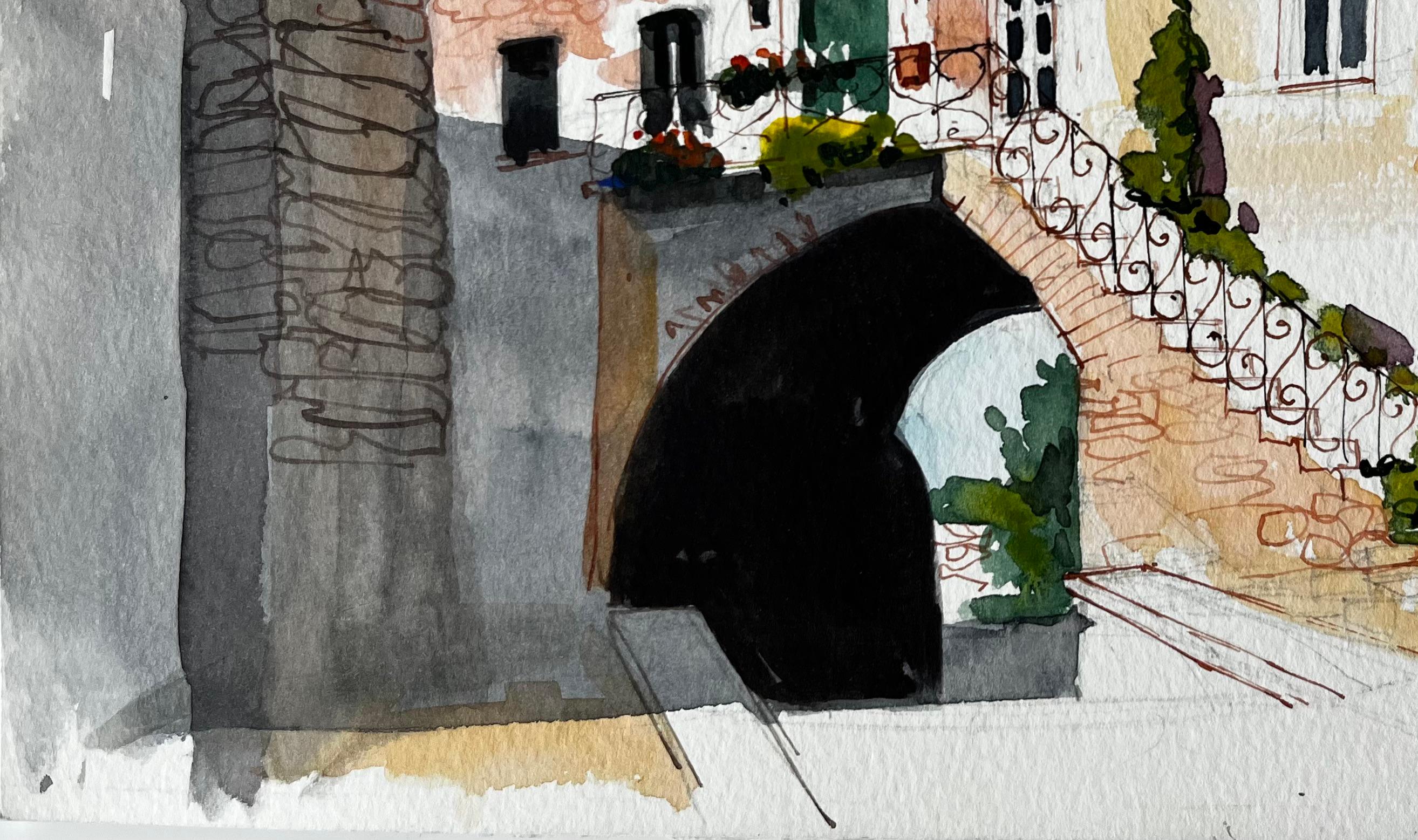 Sonnendurchfluteter Innenhof mit Steinbogen und Balkon Aquarell eines italienischen Dorfes im Angebot 1