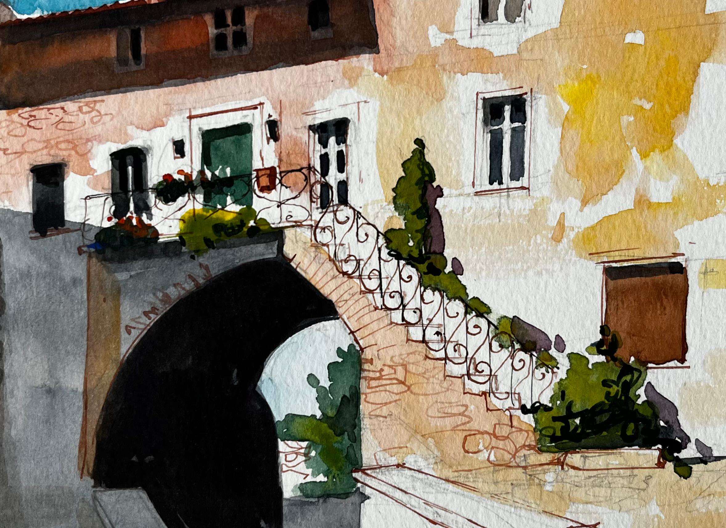 Sonnendurchfluteter Innenhof mit Steinbogen und Balkon Aquarell eines italienischen Dorfes im Angebot 2