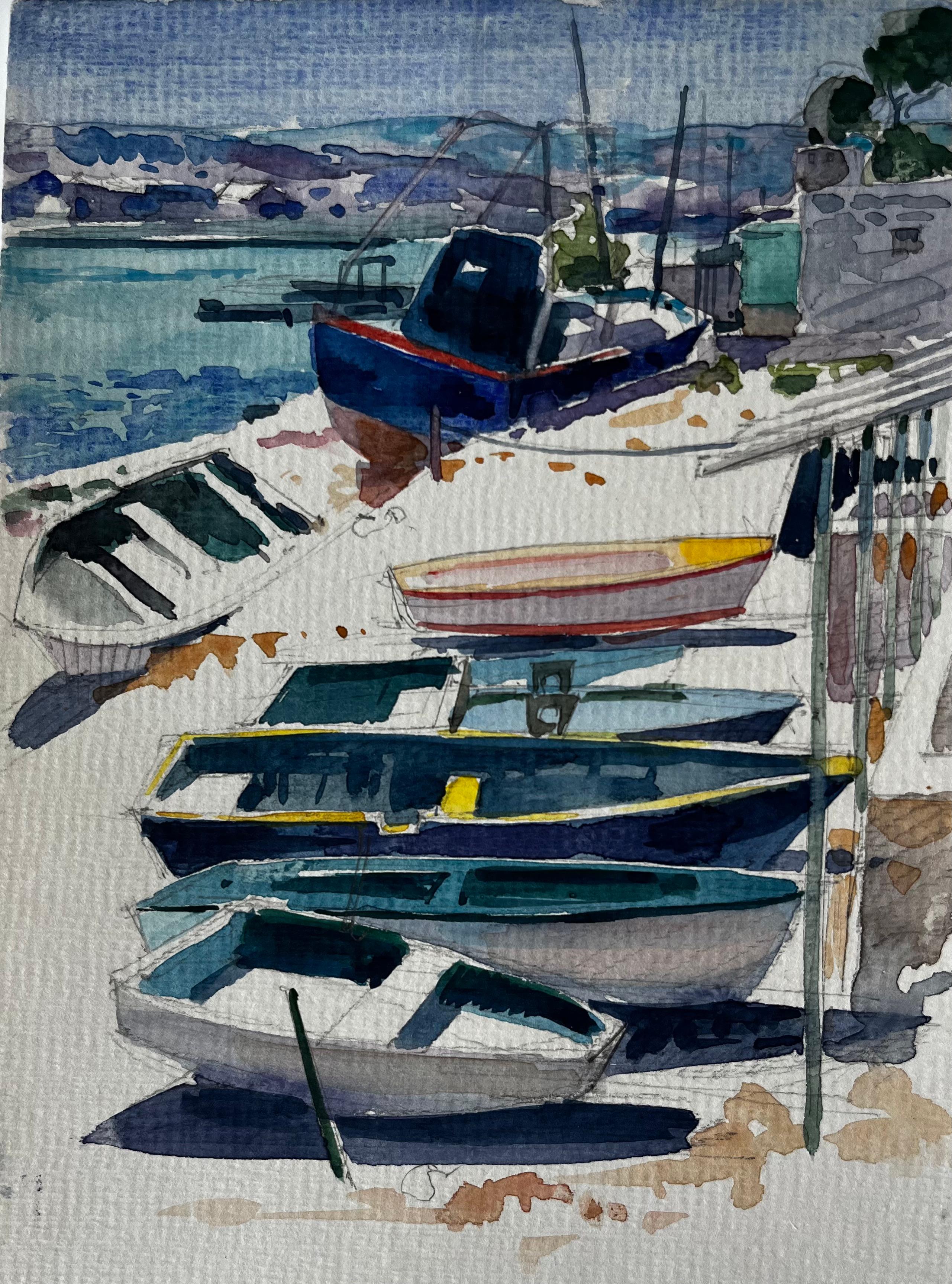 Bateaux de pêche échoués sur le rivage méditerranéen Aquarelle côtière de Pierre Neveu