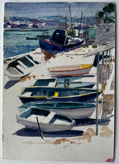 Gestrandete Fischerboote an der Mittelmeerküste Küstenaquarell von Pierre Neveu