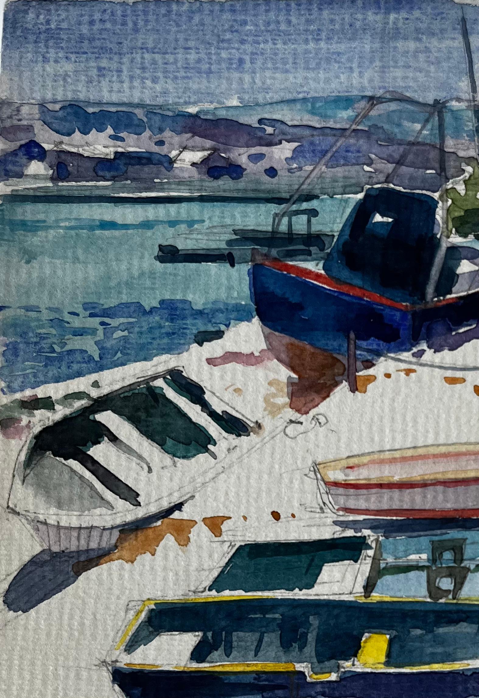 Pescherecci spiaggiati sulla costa mediterranea Acquerello di Pierre Neveu in vendita 3