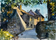 Sunlit Village Street French Countryside Watercolour by Pierre Neveu