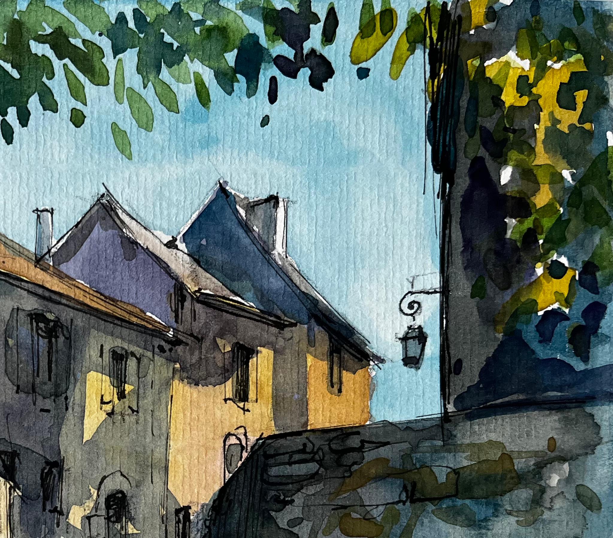 Via del villaggio illuminata dal sole Acquarello di Pierre Neveu in vendita 2