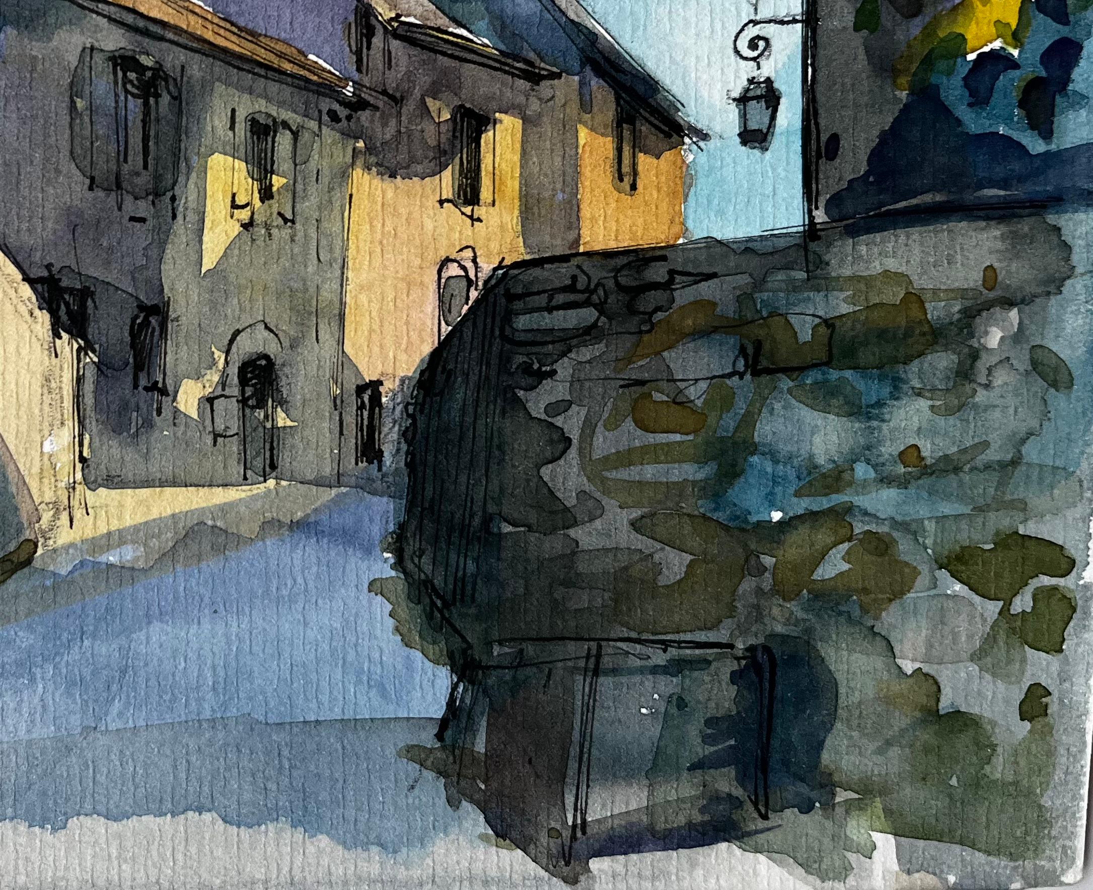 Via del villaggio illuminata dal sole Acquarello di Pierre Neveu in vendita 3