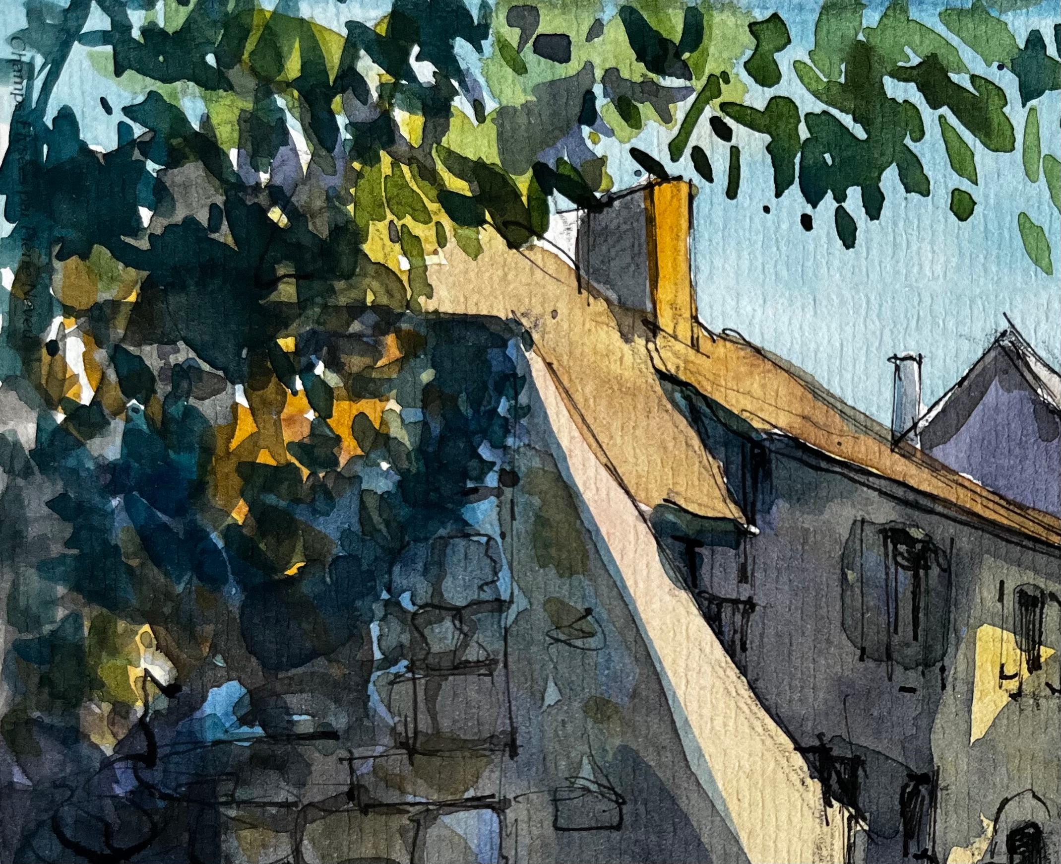 Via del villaggio illuminata dal sole Acquarello di Pierre Neveu in vendita 4