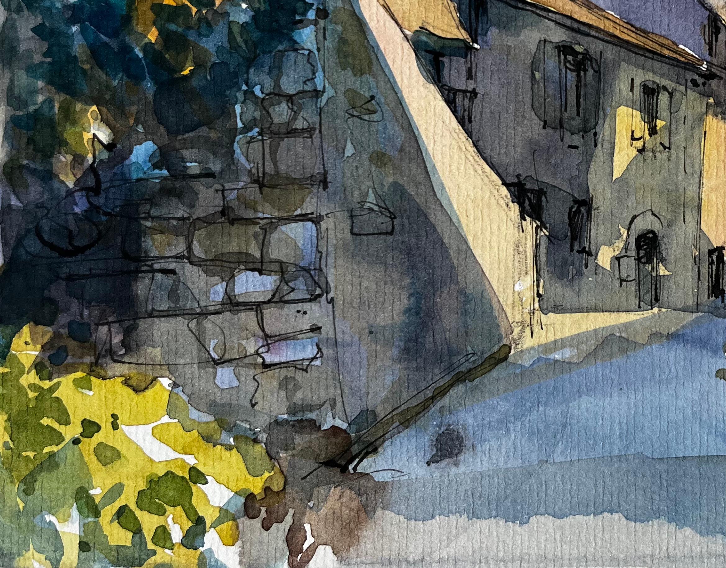 Via del villaggio illuminata dal sole Acquarello di Pierre Neveu in vendita 5