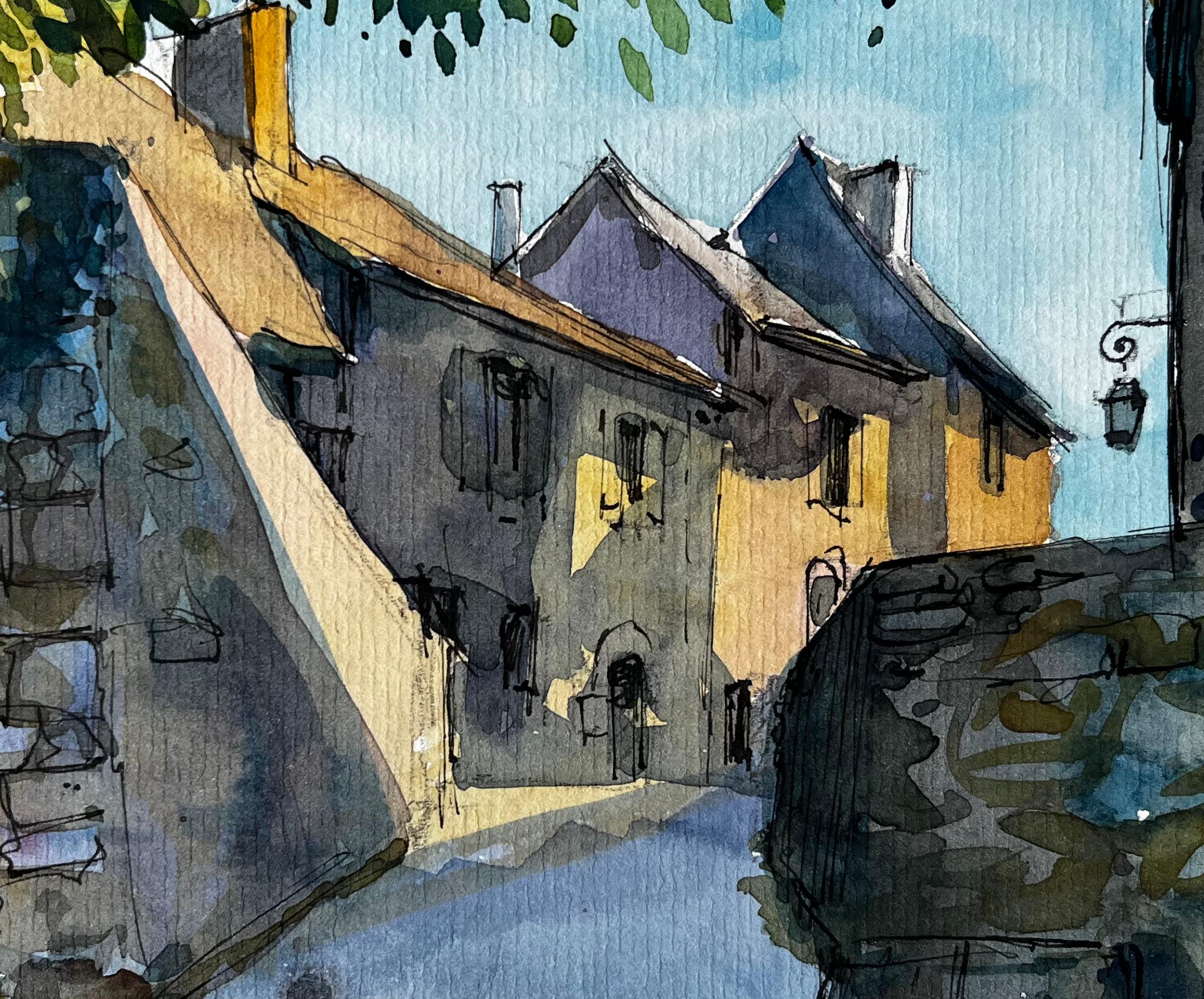 Via del villaggio illuminata dal sole Acquarello di Pierre Neveu in vendita 6