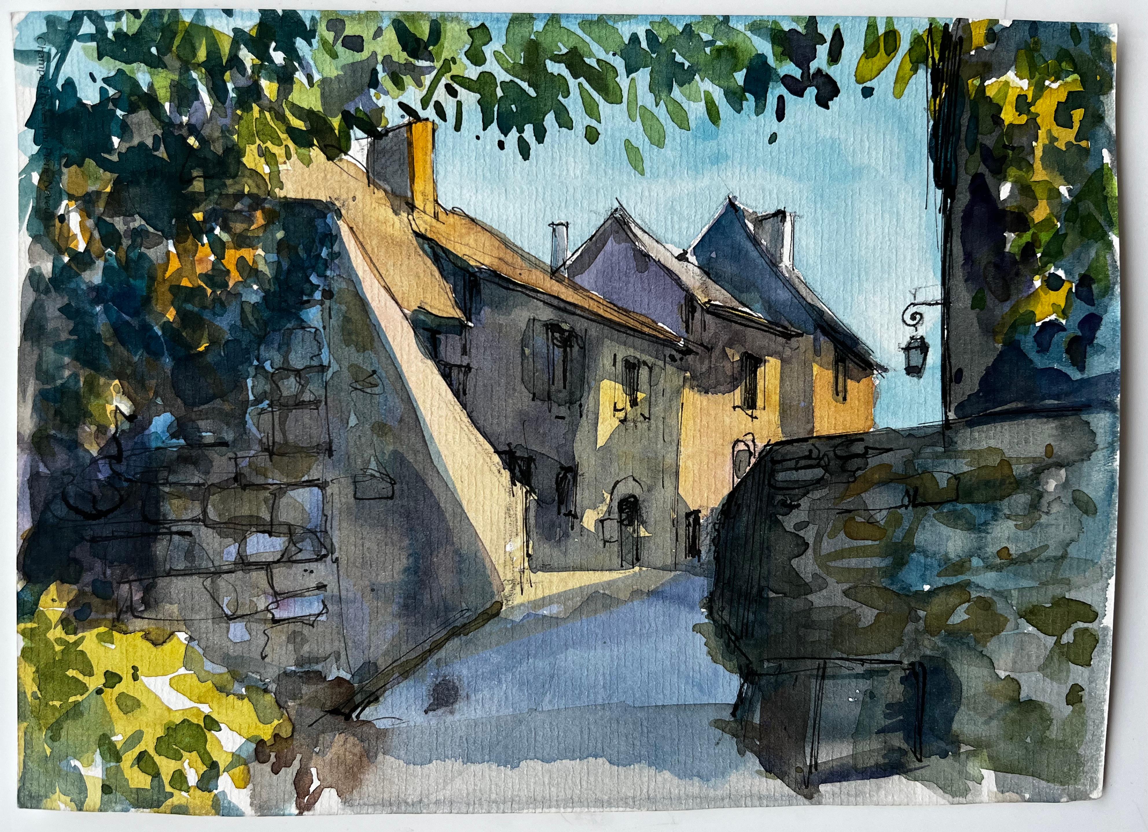 Via del villaggio illuminata dal sole Acquarello di Pierre Neveu in vendita 1
