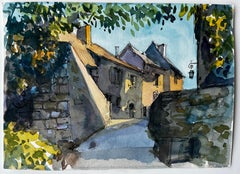 Rue de village ensoleillée Campagne française Aquarelle de Pierre Neveu