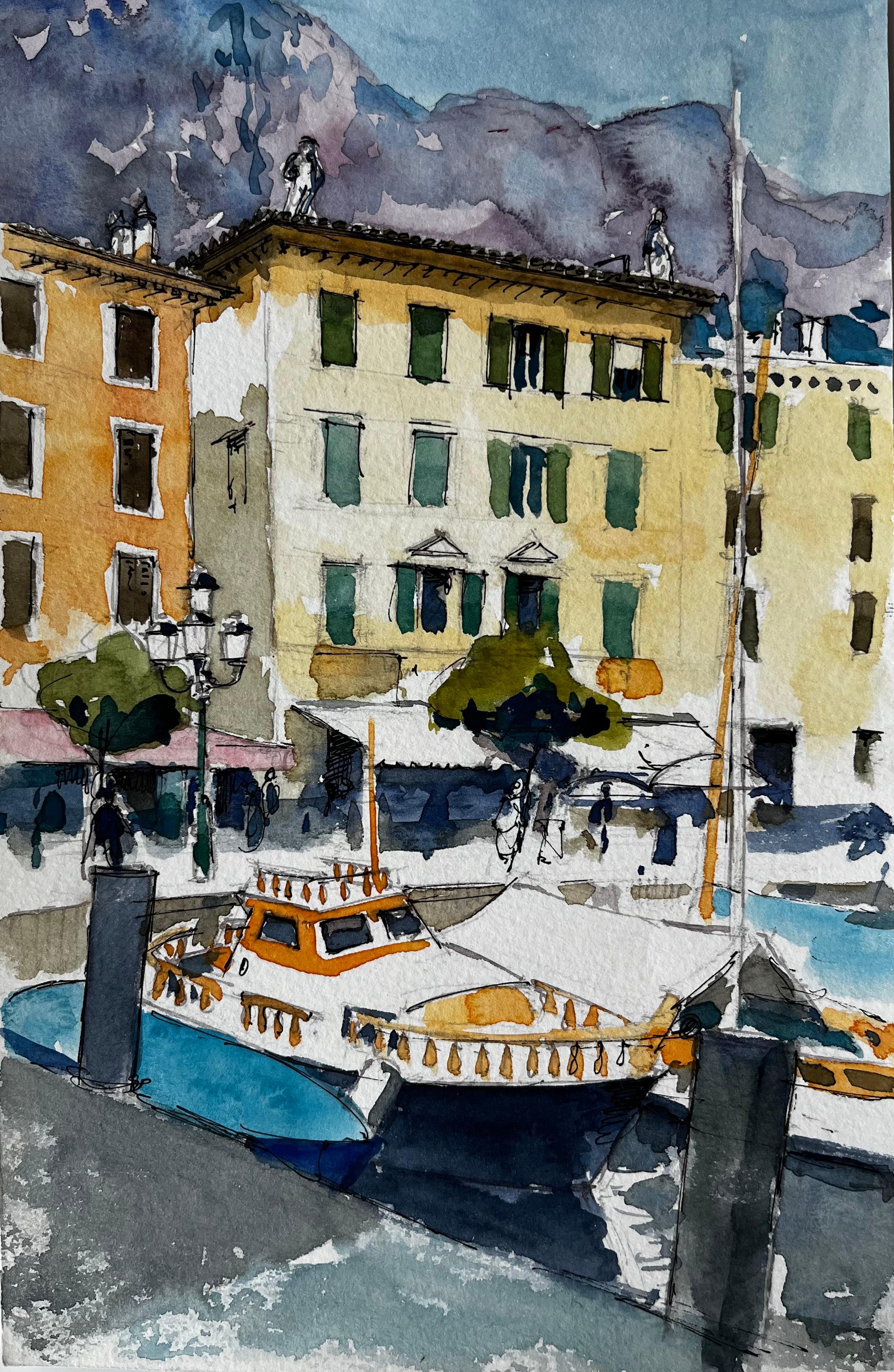 Front de mer avec façades jaunes et bateau amarré Aquarelle de la Riviera italienne