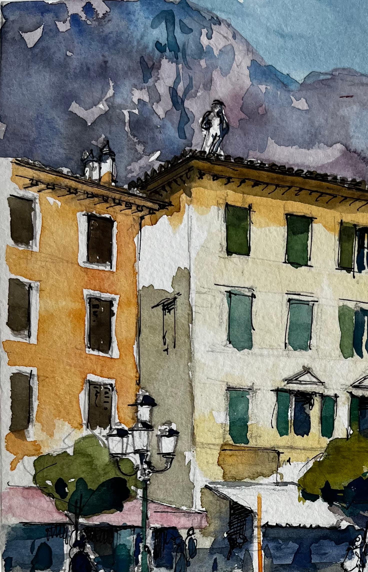 Front de mer avec façades jaunes et bateau amarré Aquarelle de la Riviera italienne - Post-impressionnisme Art par Pierre Neveu