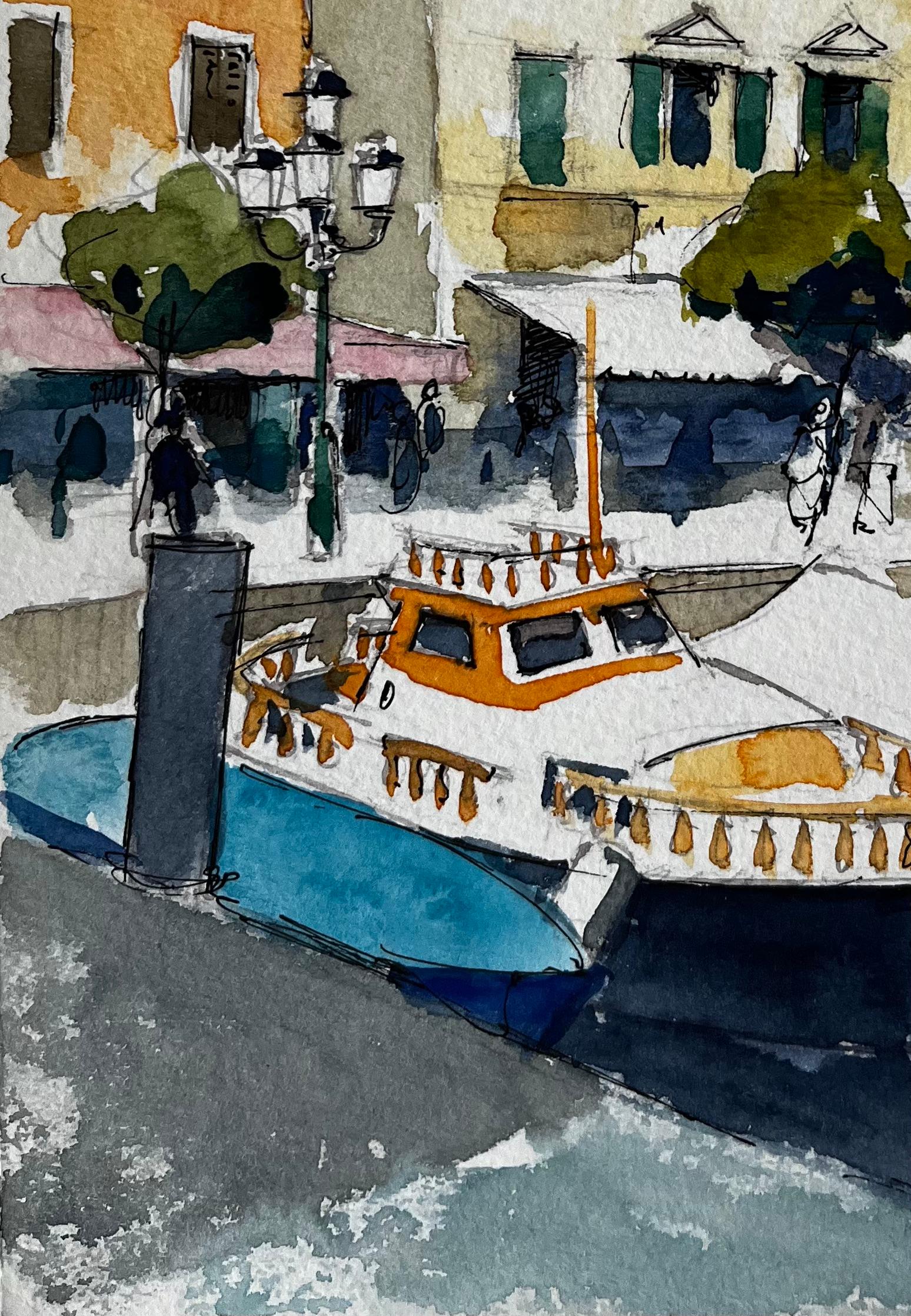 Front de mer avec façades jaunes et bateau amarré Aquarelle de la Riviera italienne en vente 1