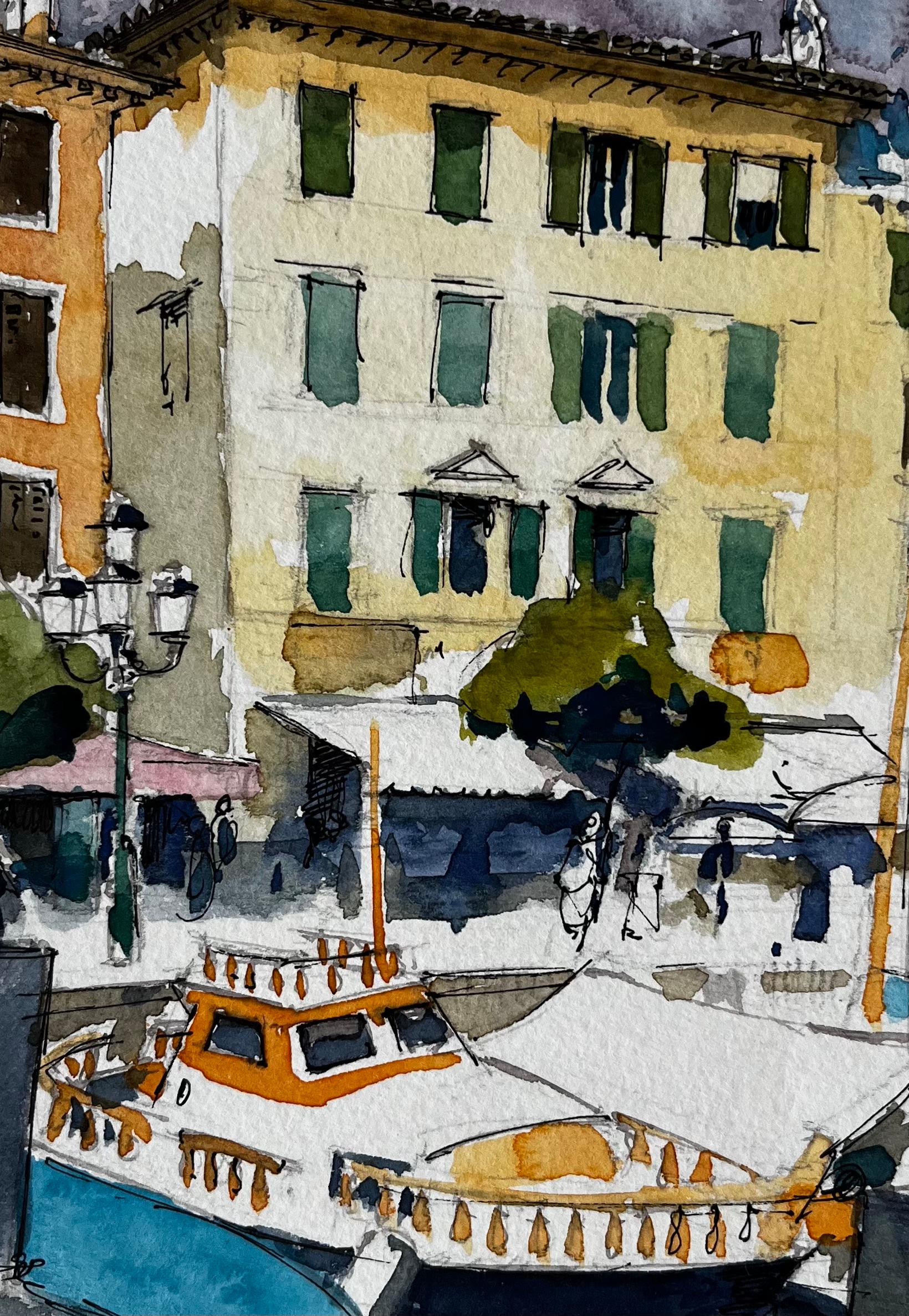 Front de mer avec façades jaunes et bateau amarré Aquarelle de la Riviera italienne en vente 2