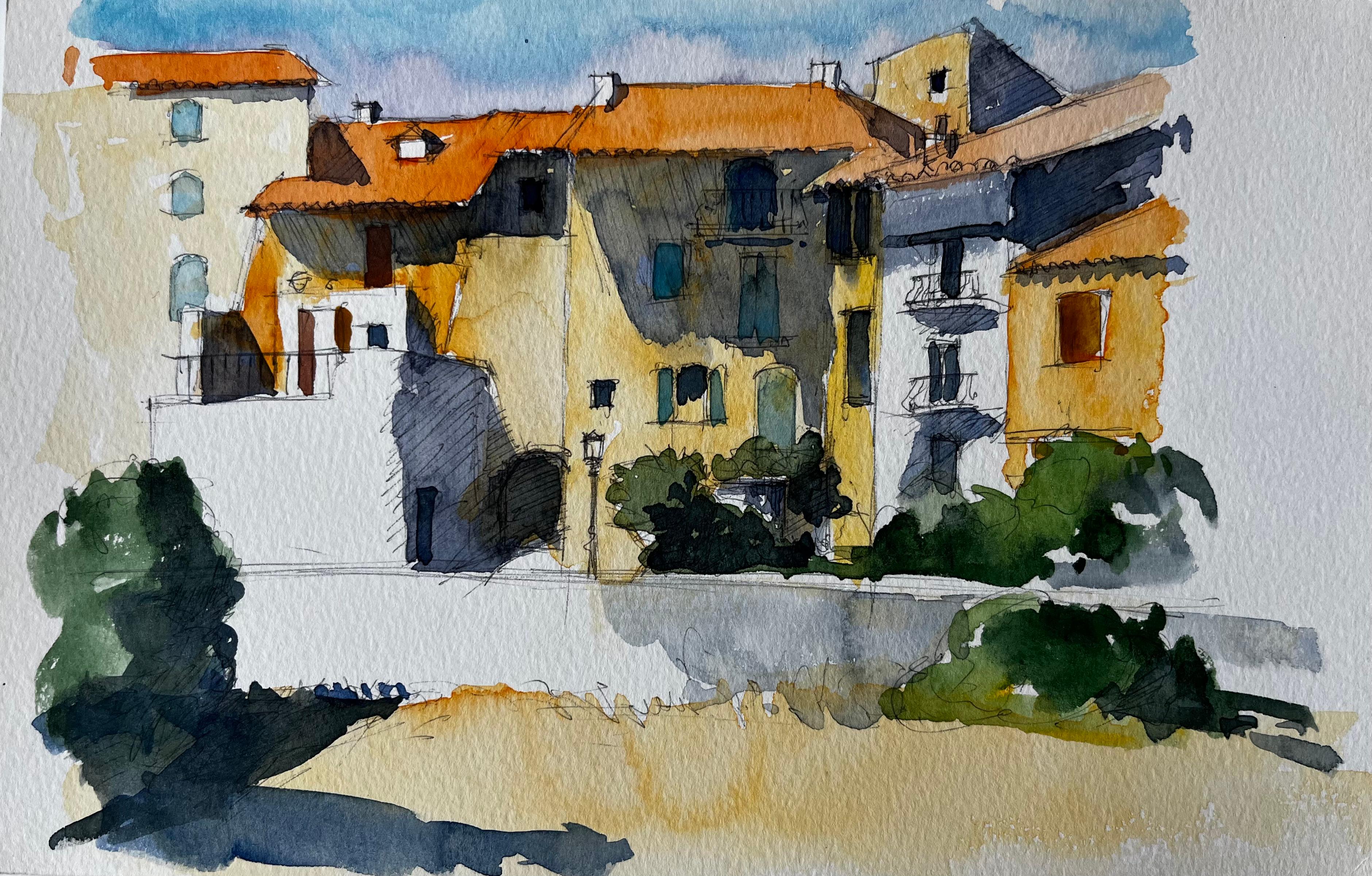 Pueblo provenzal iluminado por el sol con tejados de terracota Acuarela francesa