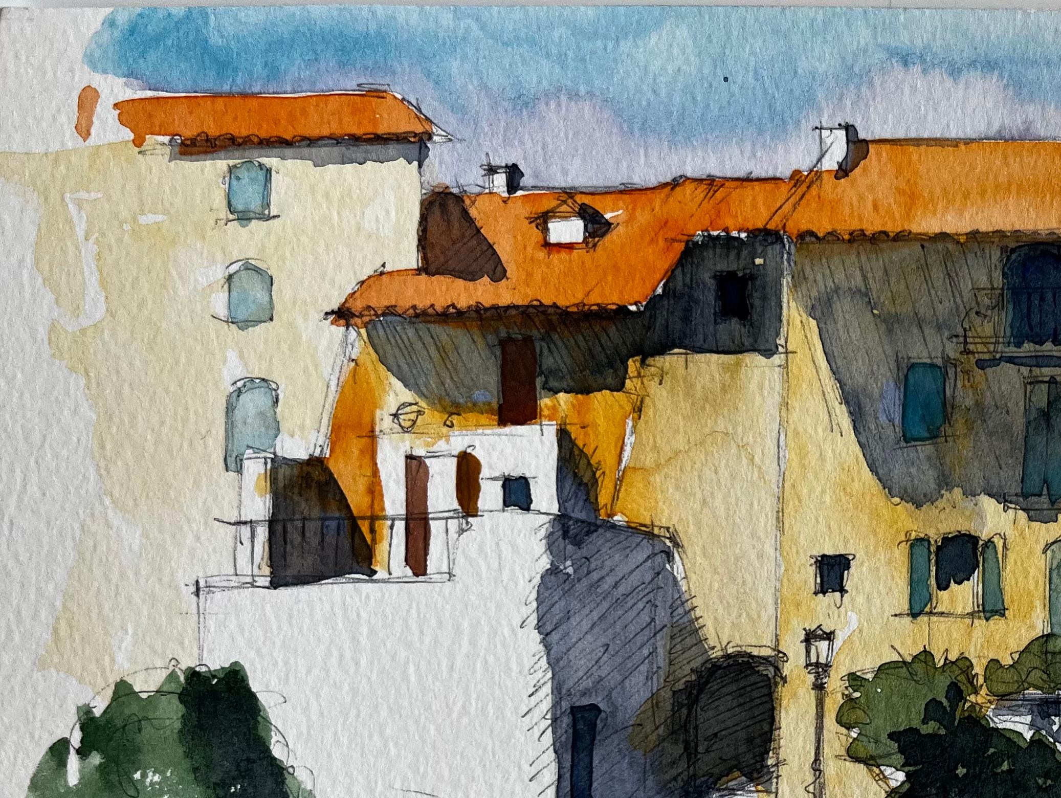 Pueblo provenzal iluminado por el sol con tejados de terracota Acuarela francesa - Painting Posimpresionista de Pierre Neveu