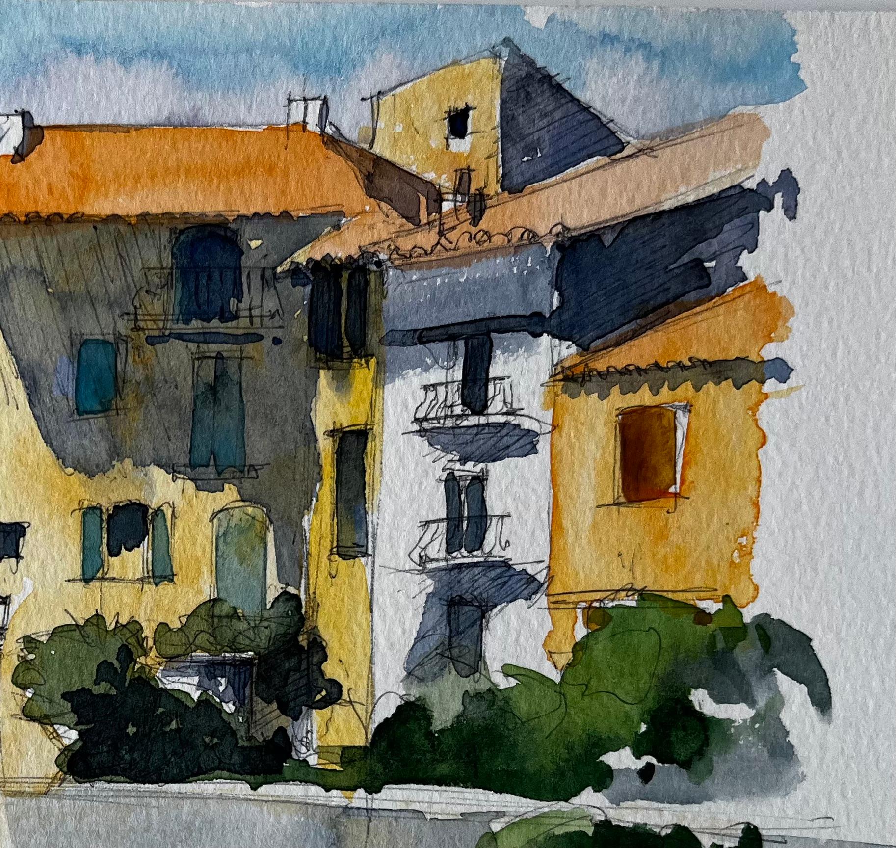 Pueblo provenzal iluminado por el sol con tejados de terracota Acuarela francesa - Landscape Painting Gris de Pierre Neveu