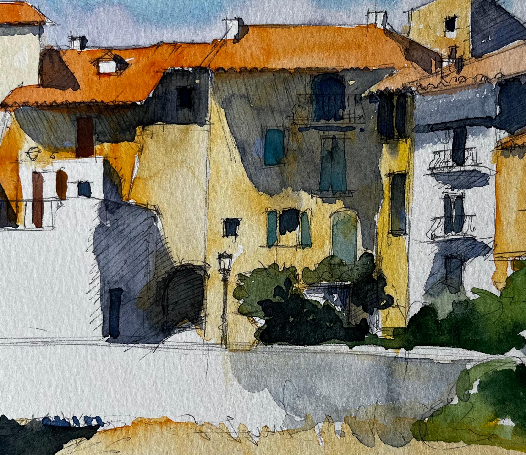 Pueblo provenzal iluminado por el sol con tejados de terracota Acuarela francesa en venta 2