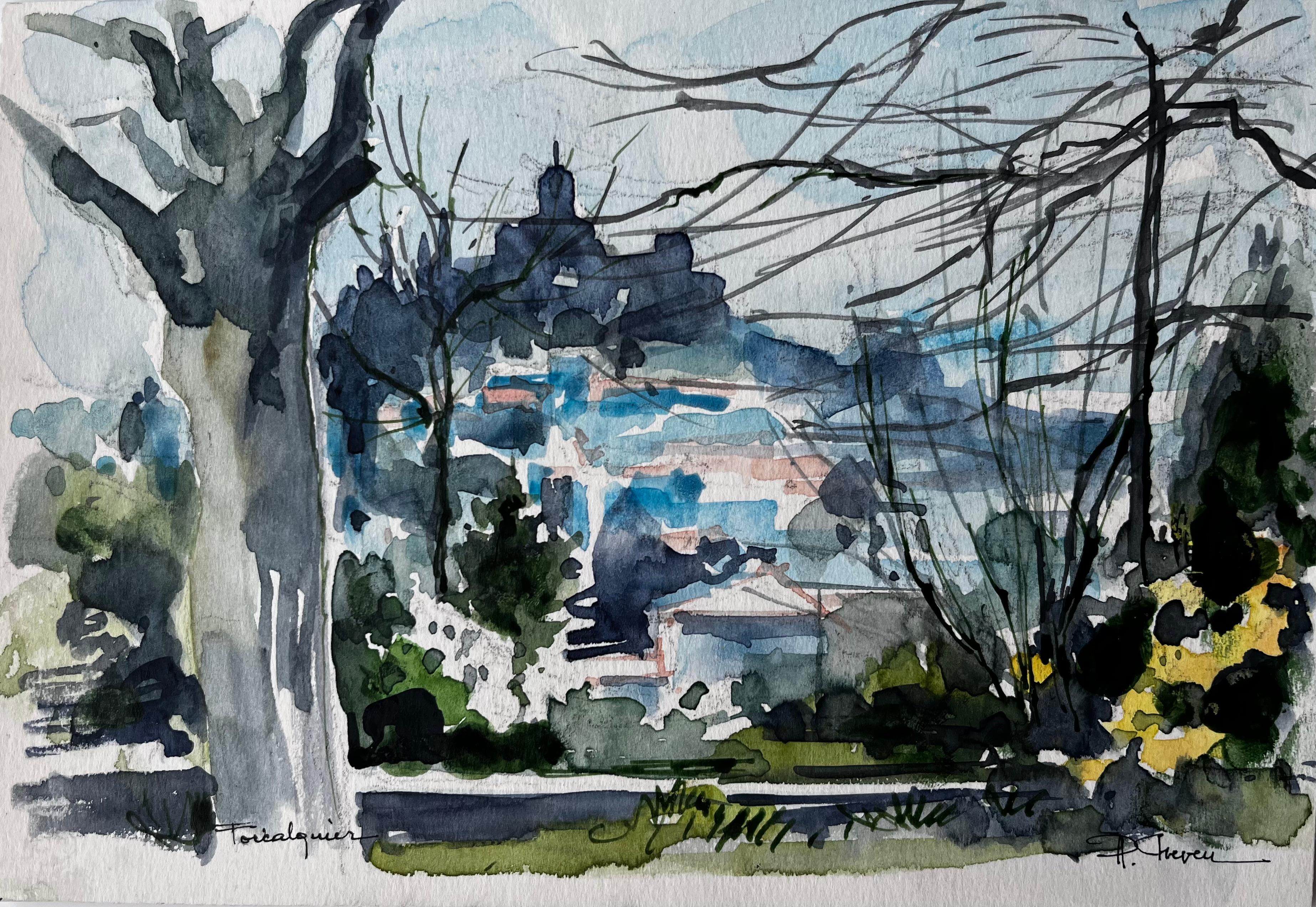 Forcalquier Landscape with Trees and Distant Hilltop Village French Watercolour