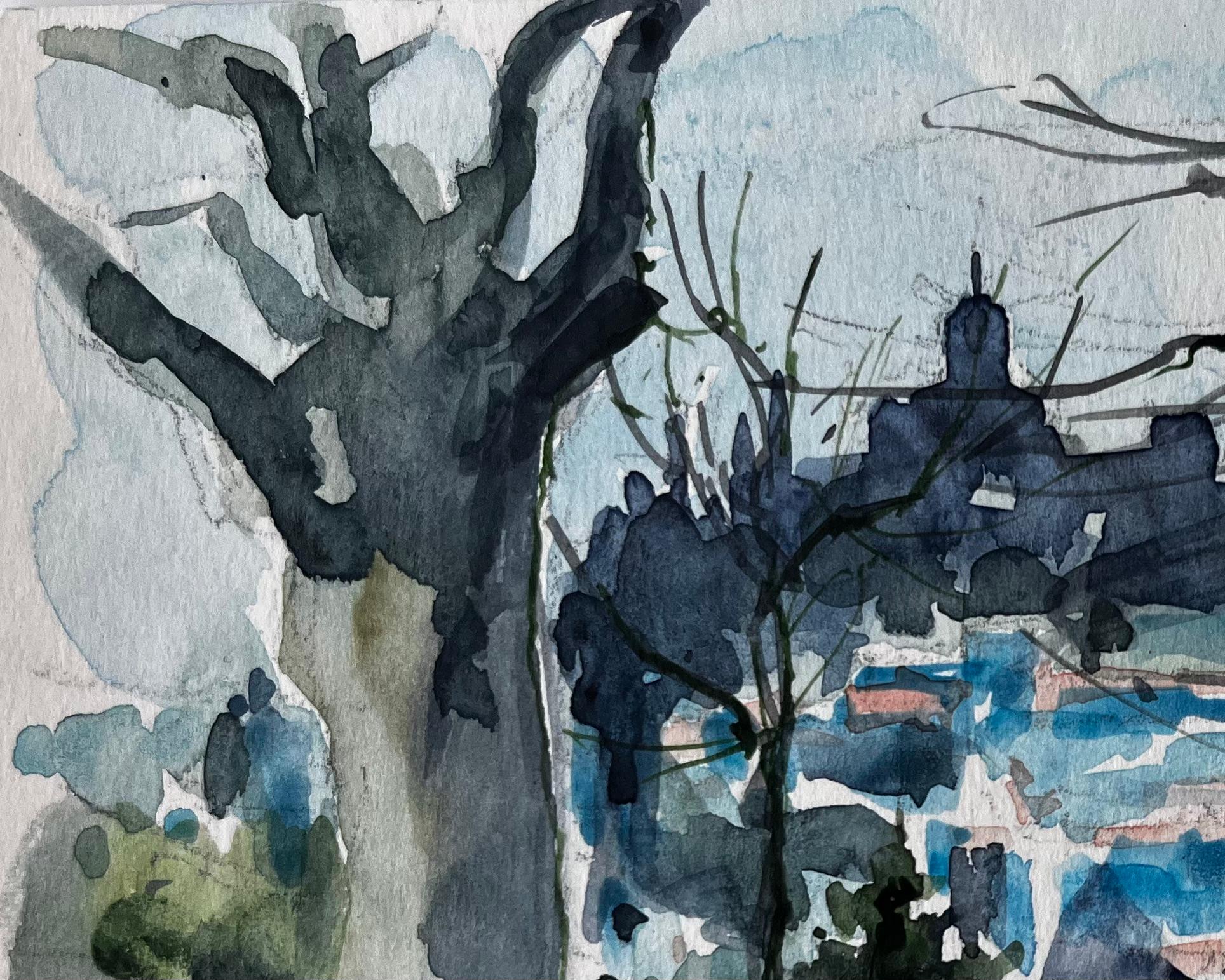 Forcalquier Landscape with Trees and Distant Hilltop Village French Watercolour - Black Landscape Painting by Pierre Neveu