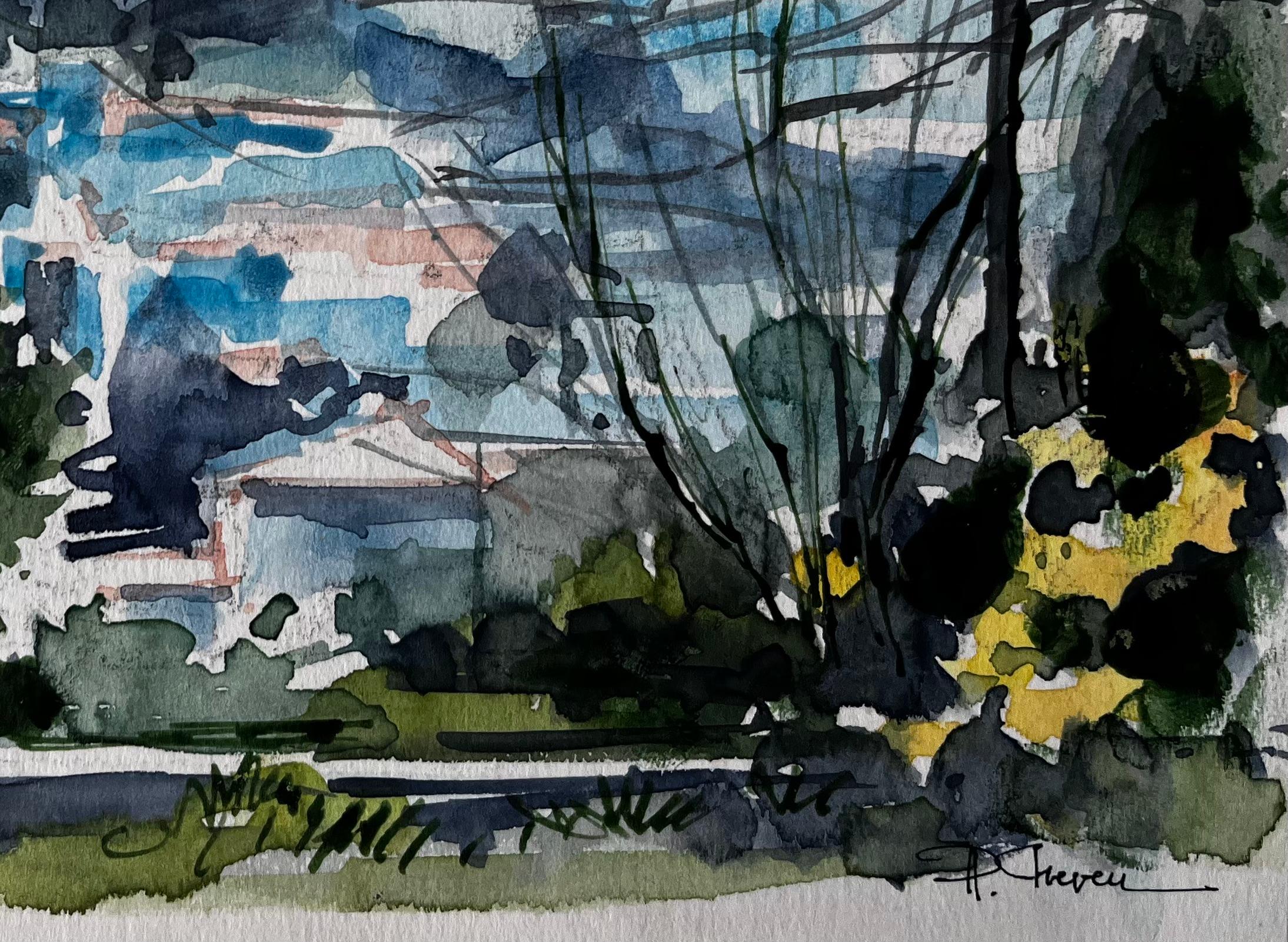 Title: Forcalquier Landscape with Trees and Distant Hilltop Village French Watercolour
Artist: Pierre Neveu (French b.1929)
Medium: Watercolour on artists paper, unframed
Size (H x W): 6.25 x 9.25 inches
Signed: Signed lower right, titled lower