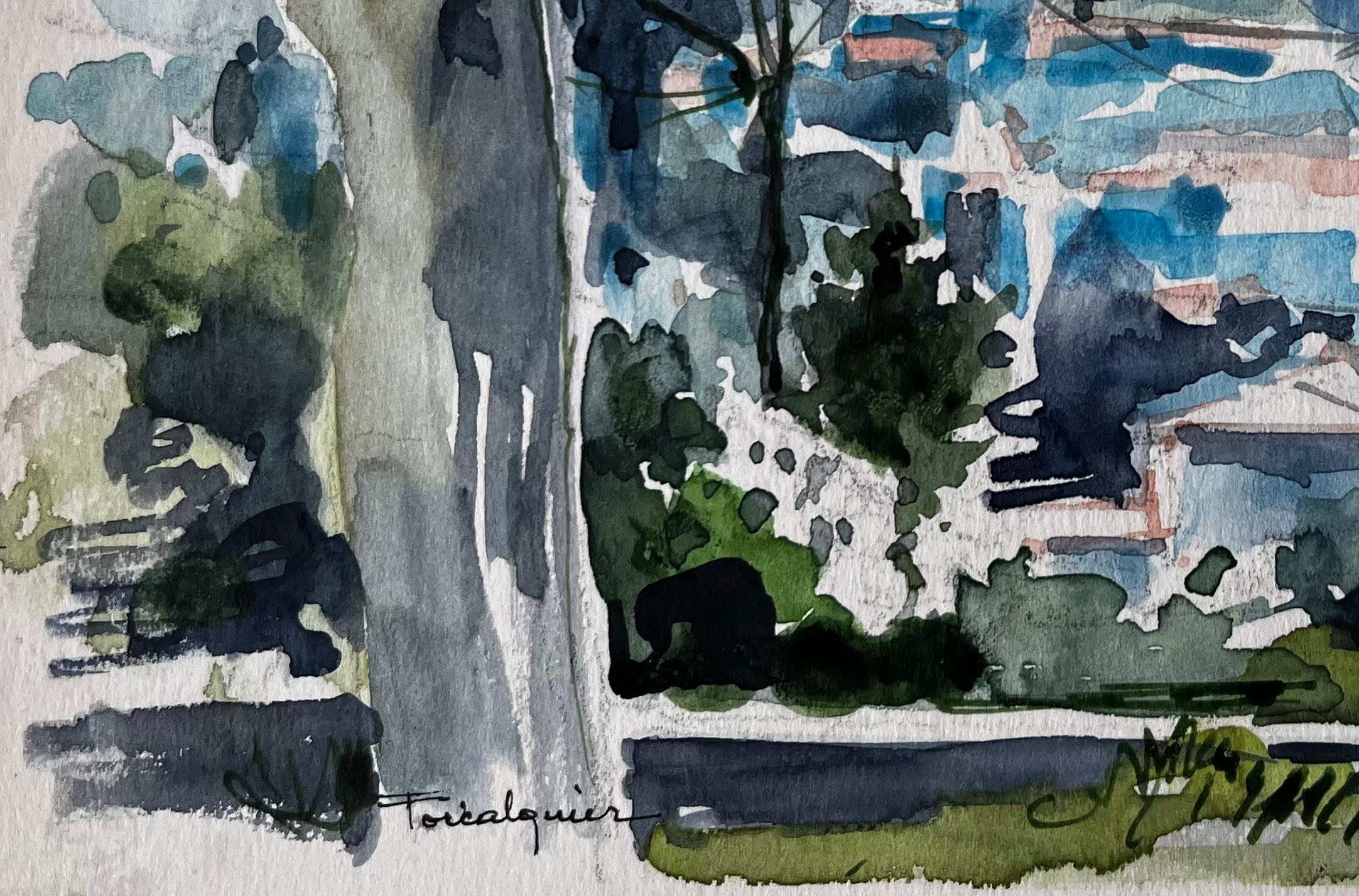 Forcalquier Landscape with Trees and Distant Hilltop Village French Watercolour For Sale 1