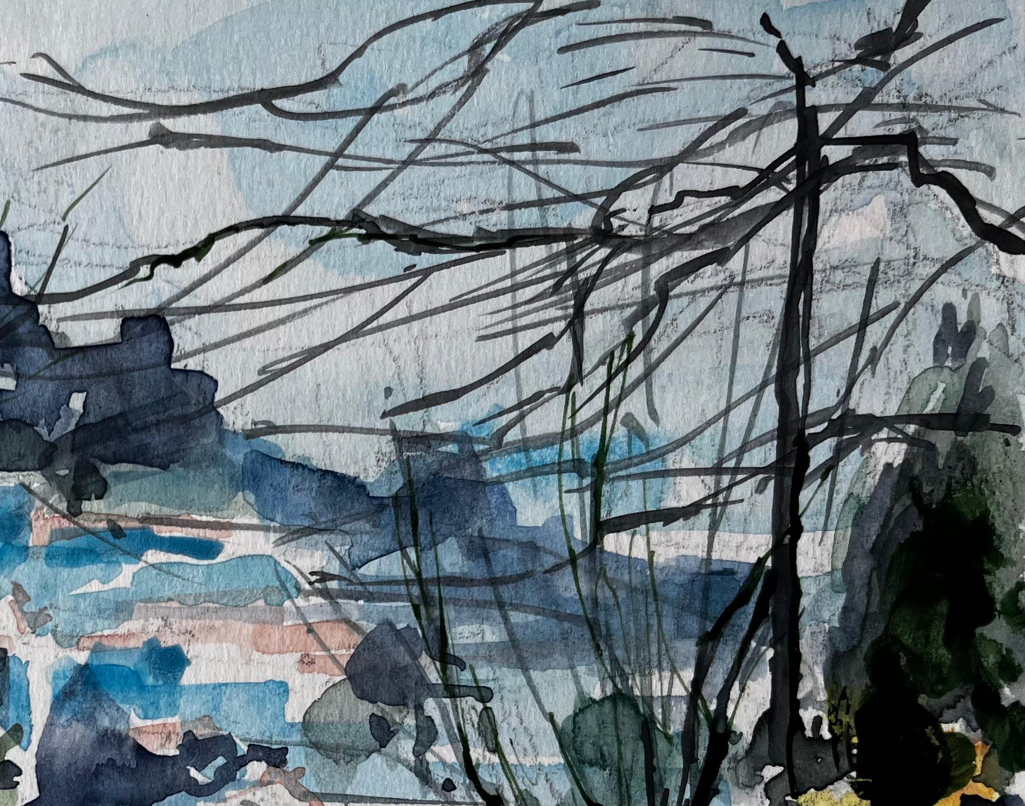 Forcalquier Landscape with Trees and Distant Hilltop Village French Watercolour - Post-Impressionist Painting by Pierre Neveu