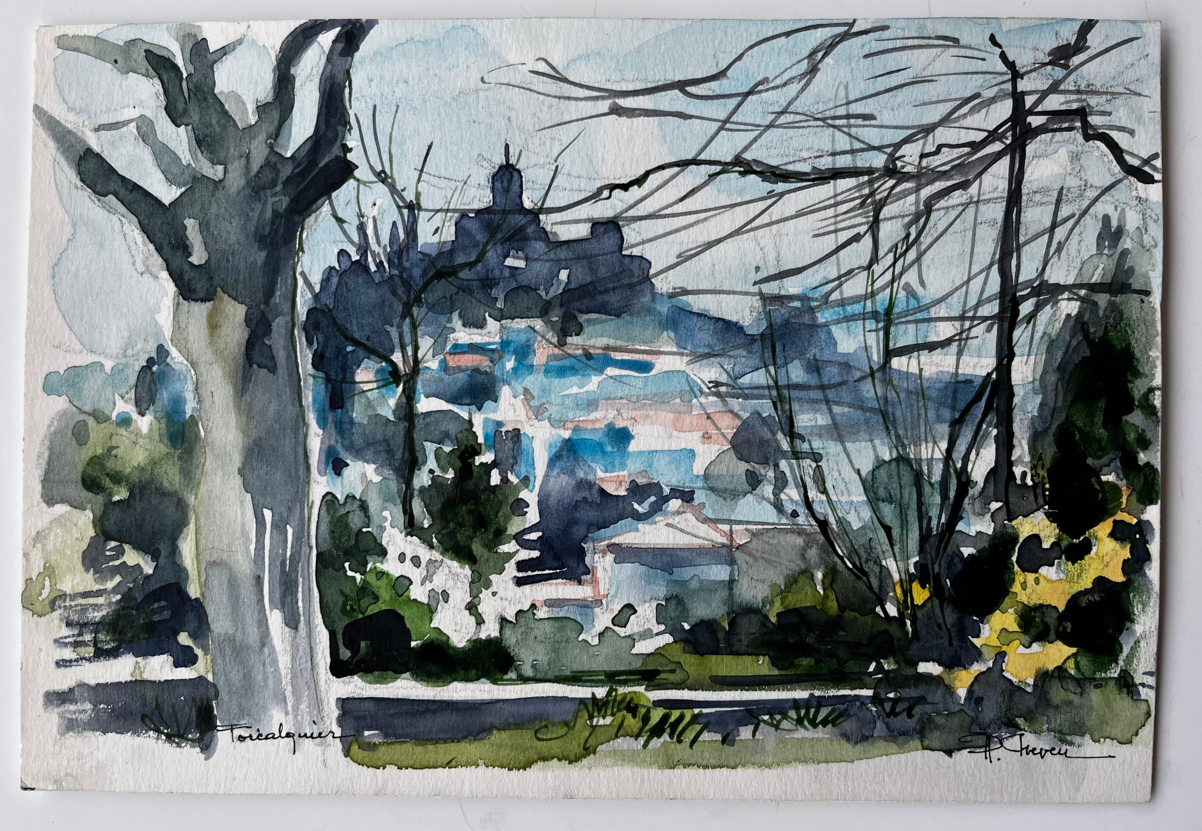 Forcalquier Landscape with Trees and Distant Hilltop Village French Watercolour - Painting by Pierre Neveu