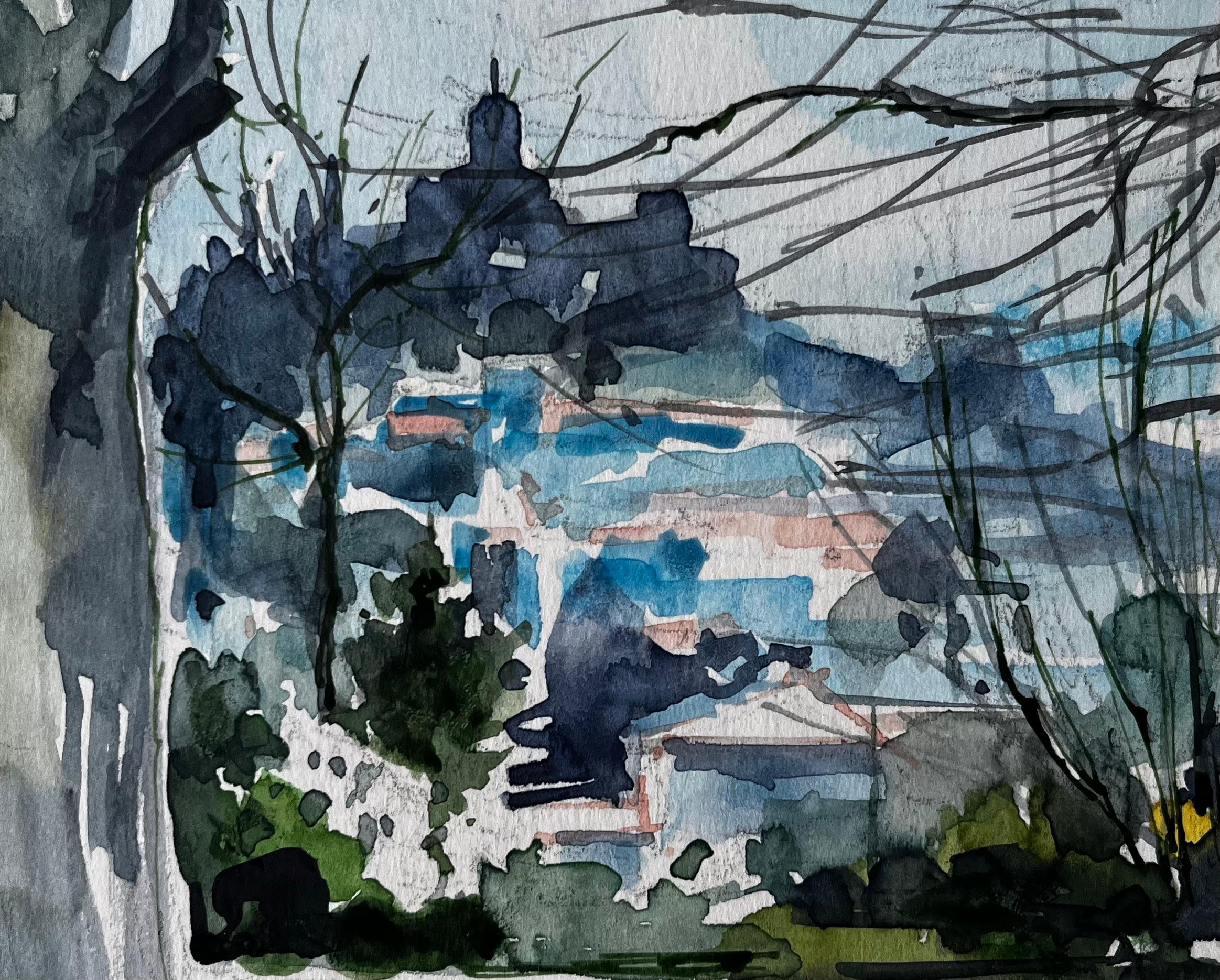 Forcalquier Landscape with Trees and Distant Hilltop Village French Watercolour For Sale 2