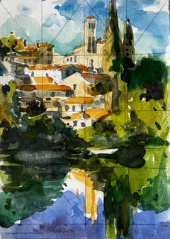 Clisson Hilltop Village with Church and River Reflection French Watercolour