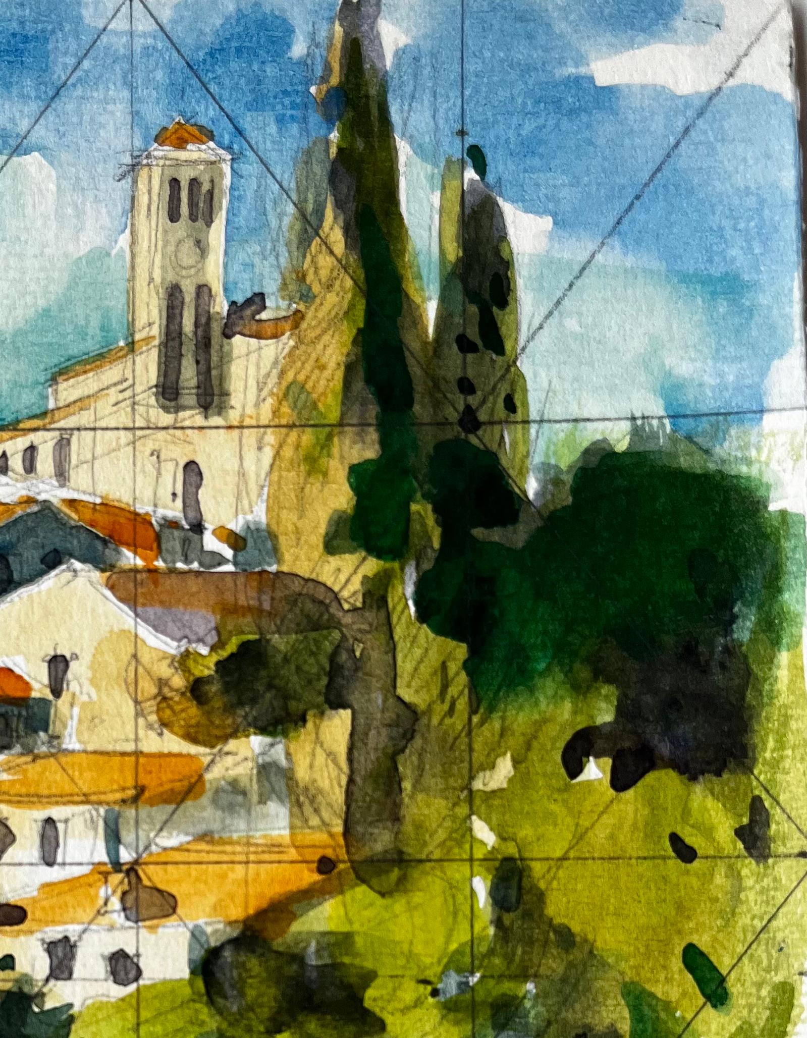 Villaggio collinare di Clisson con chiesa e riflesso del fiume Acquerello francese - Art Postimpressionismo di Pierre Neveu