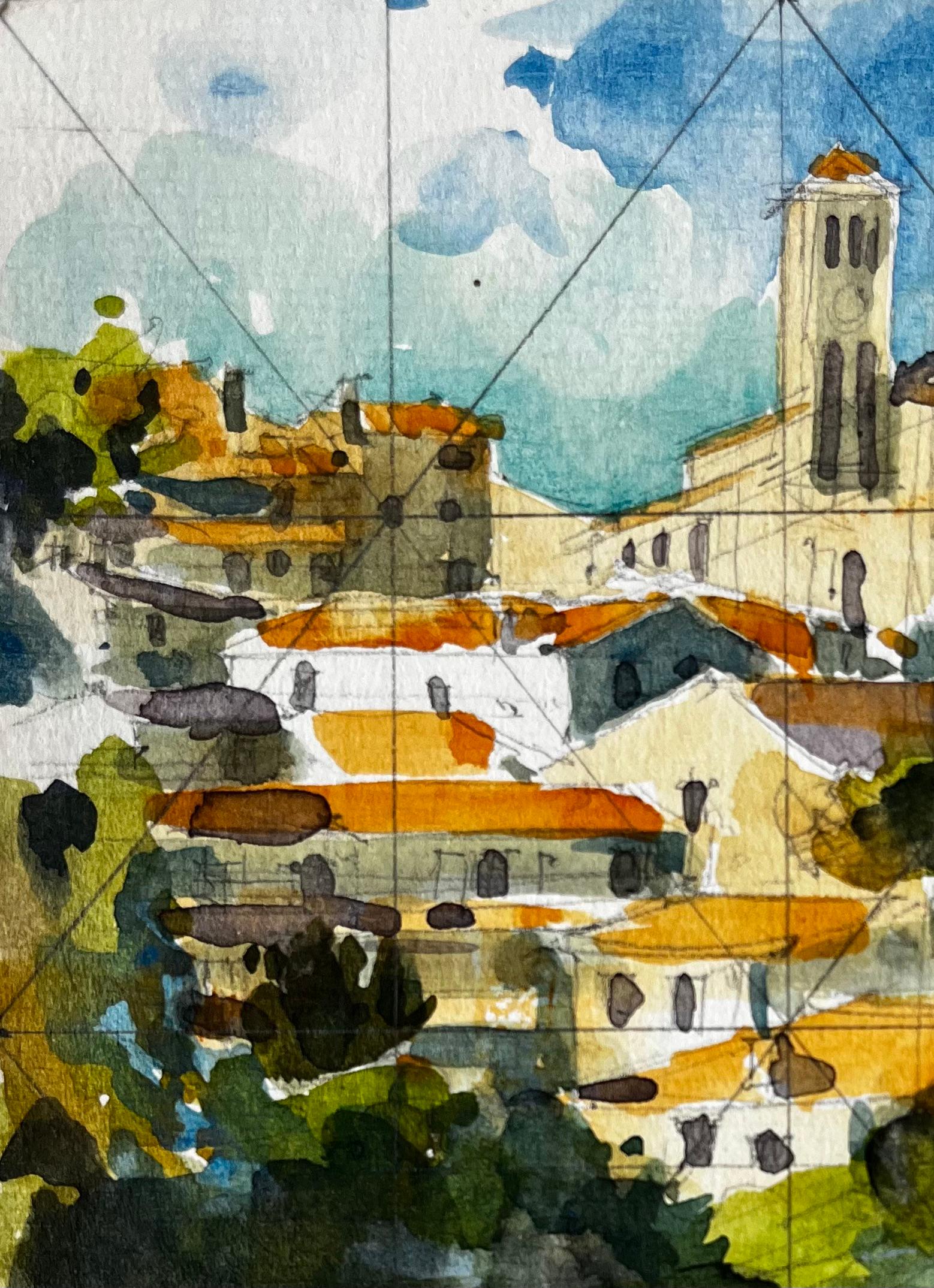 Villaggio collinare di Clisson con chiesa e riflesso del fiume Acquerello francese - Landscape Art Nero di Pierre Neveu