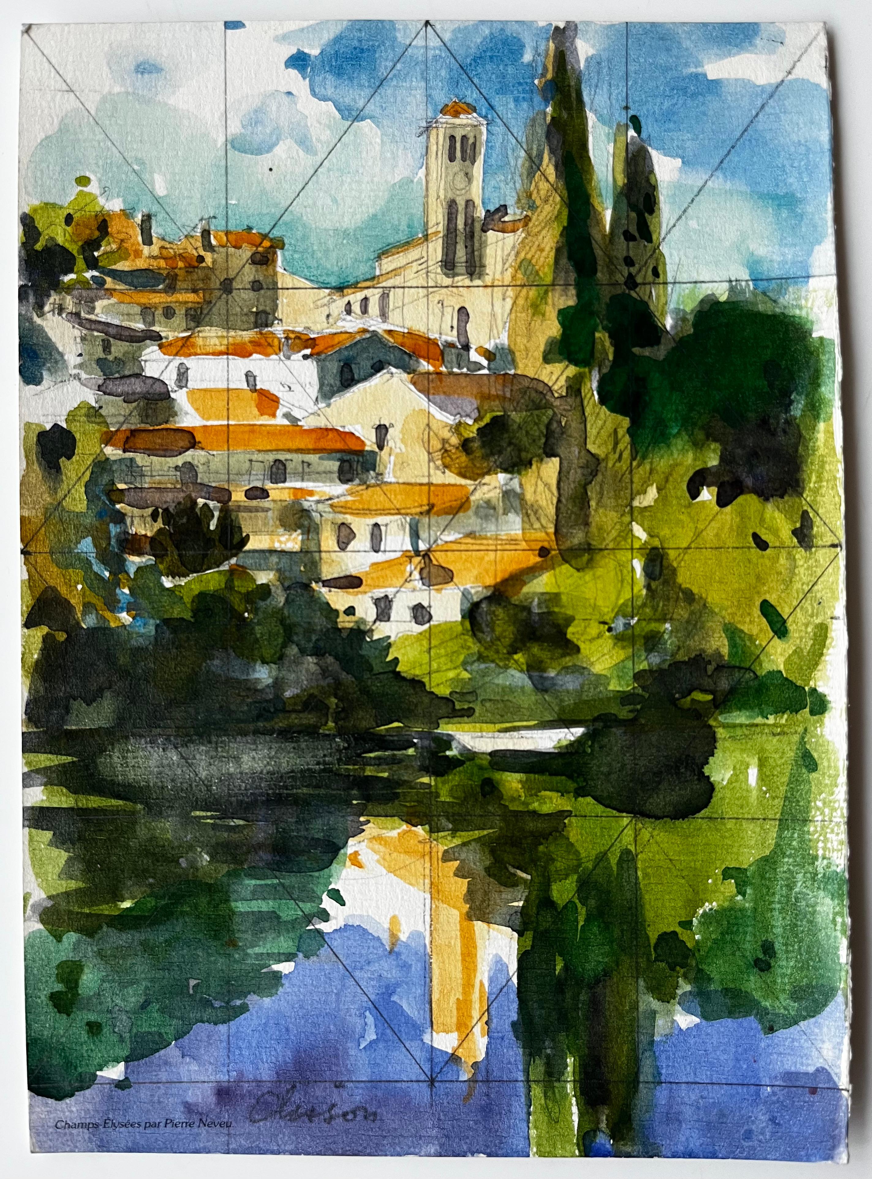 Villaggio collinare di Clisson con chiesa e riflesso del fiume Acquerello francese - Art di Pierre Neveu