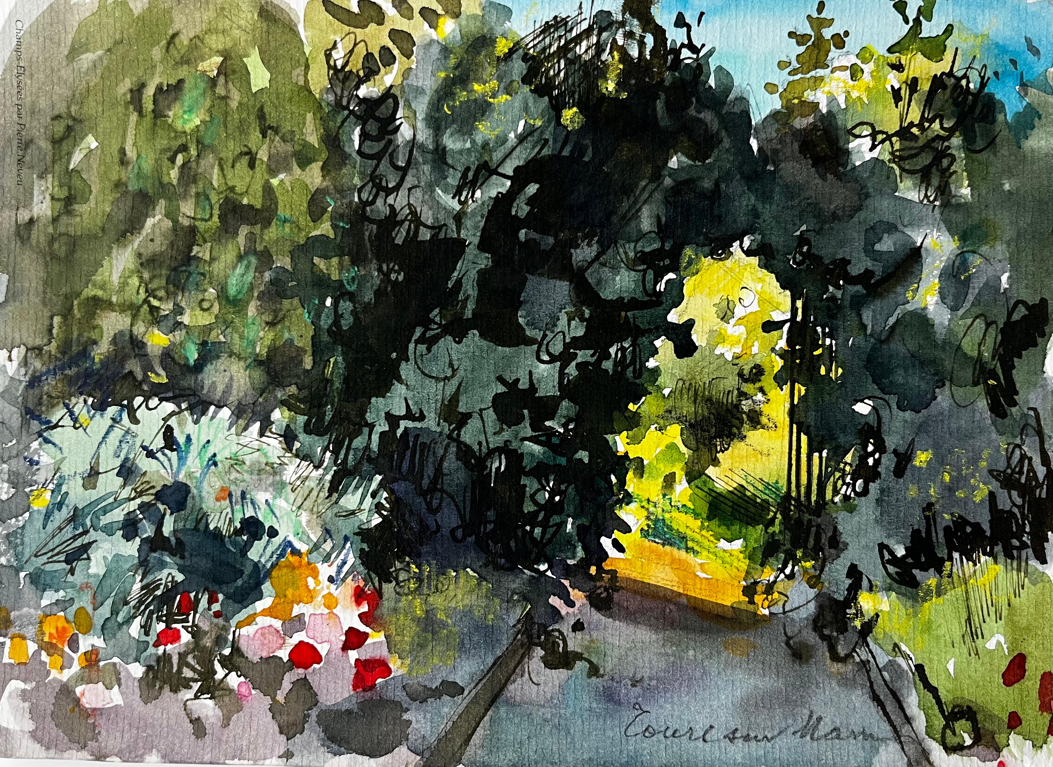 Chemin forestier ensoleillé avec fleurs Aquarelle française