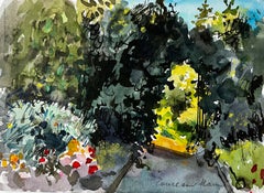 Sunlit Woodland Path with Flowers French Watercolour
