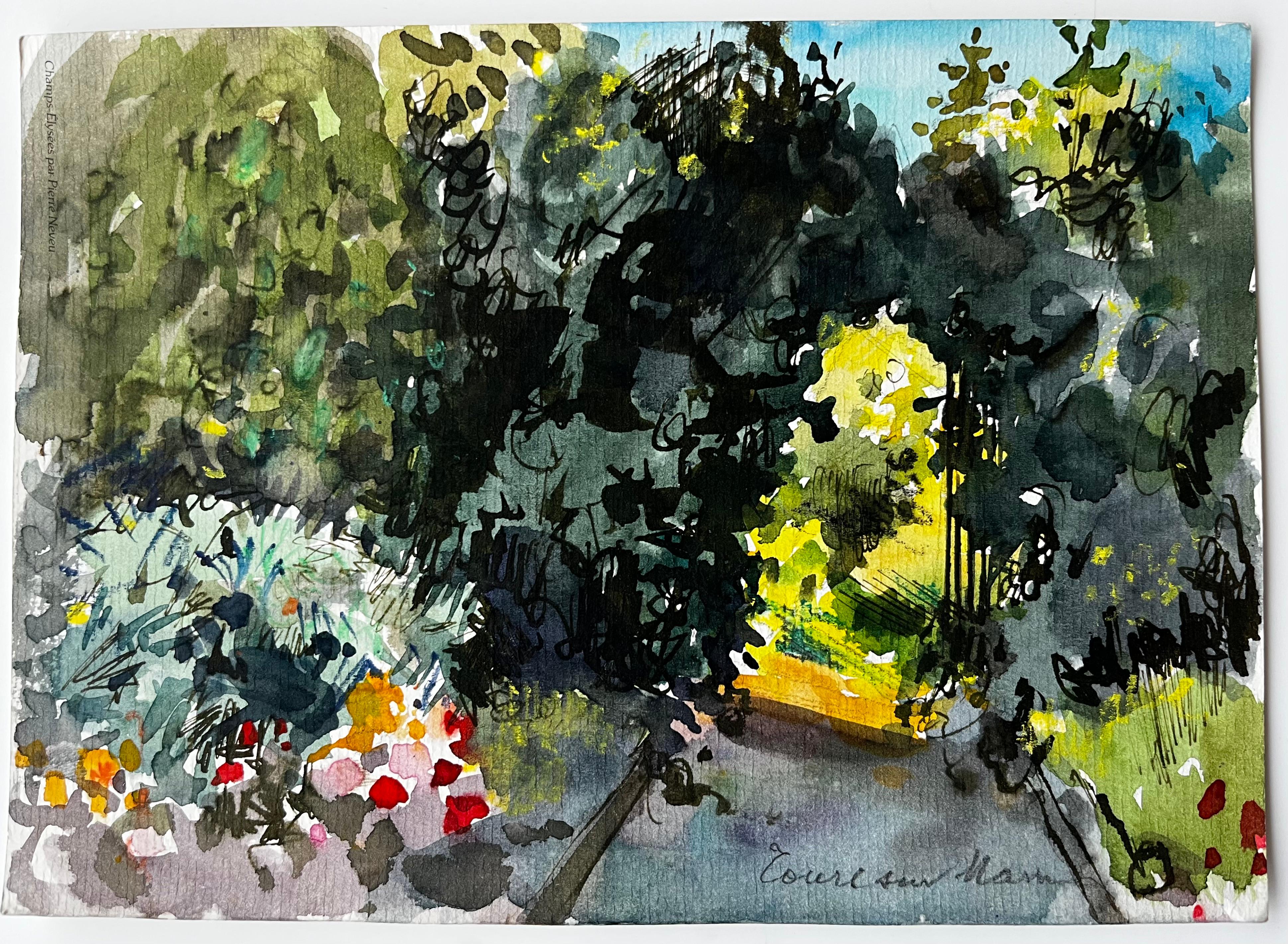 Chemin forestier ensoleillé avec fleurs Aquarelle française - Art de Pierre Neveu