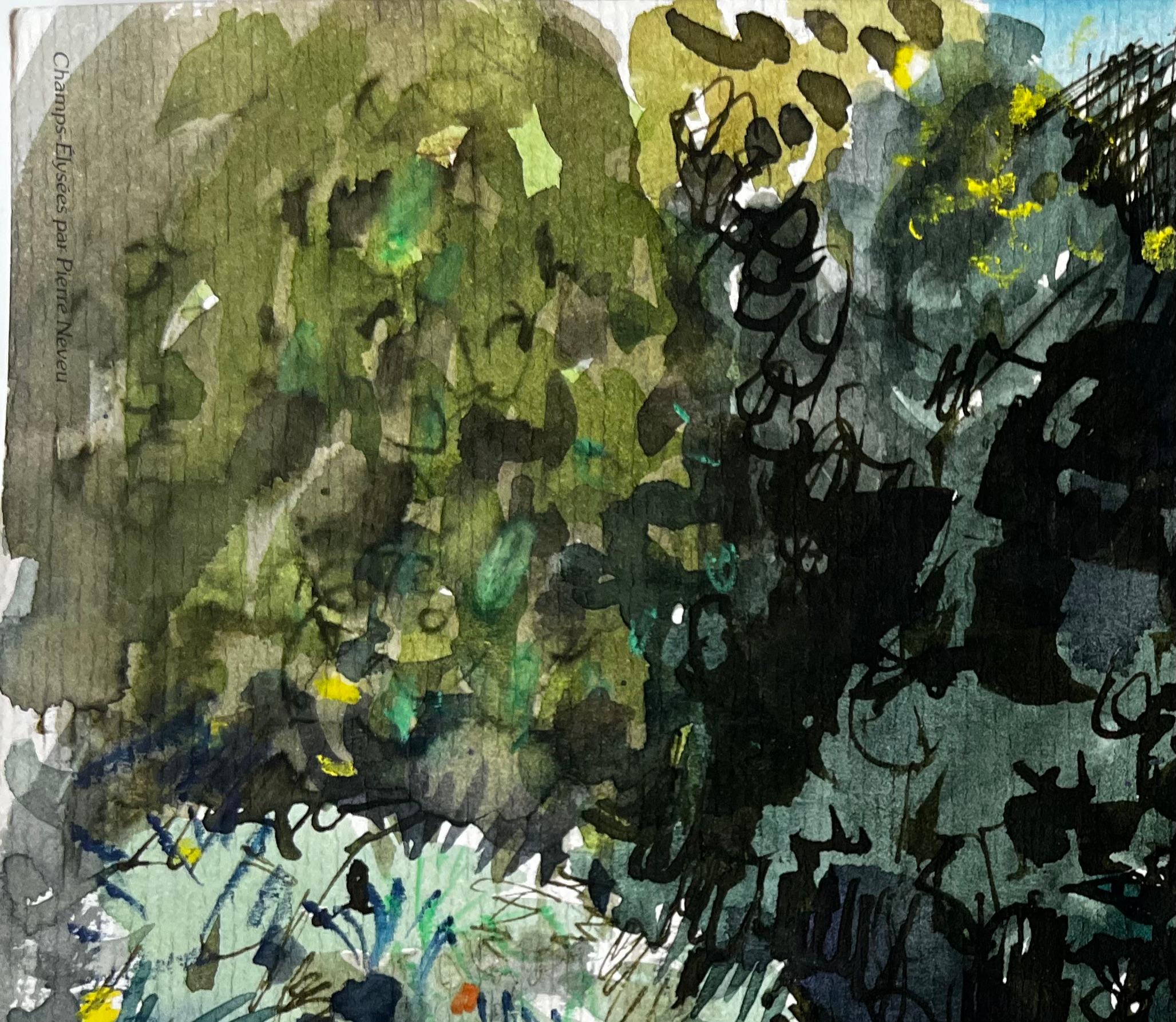 Chemin forestier ensoleillé avec fleurs Aquarelle française - Noir Landscape Art par Pierre Neveu