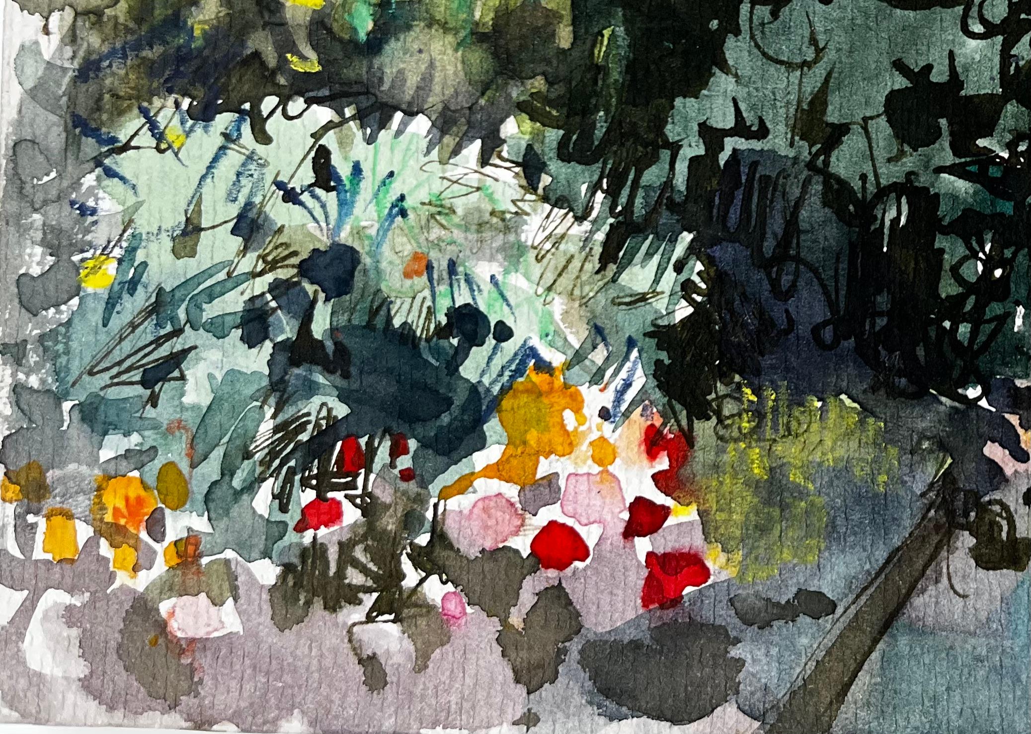 Chemin forestier ensoleillé avec fleurs Aquarelle française - Post-impressionnisme Art par Pierre Neveu