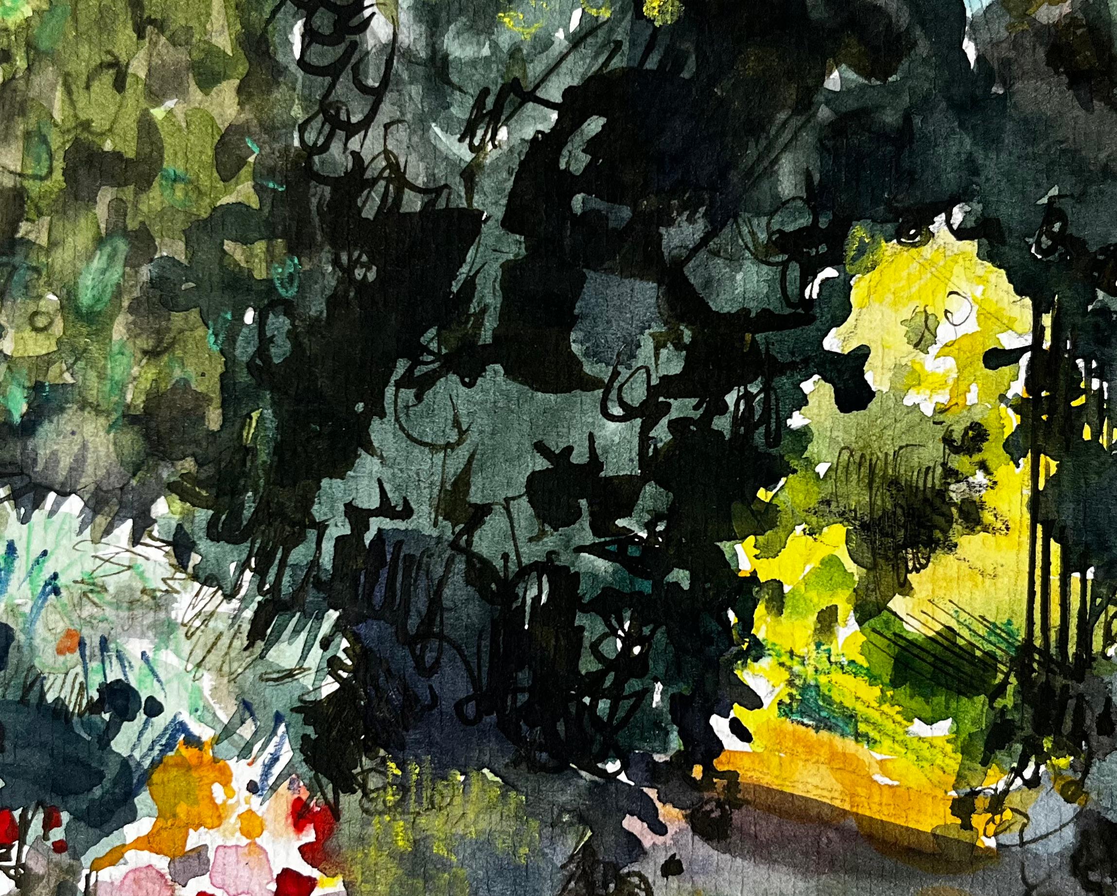 Chemin forestier ensoleillé avec fleurs Aquarelle française en vente 2