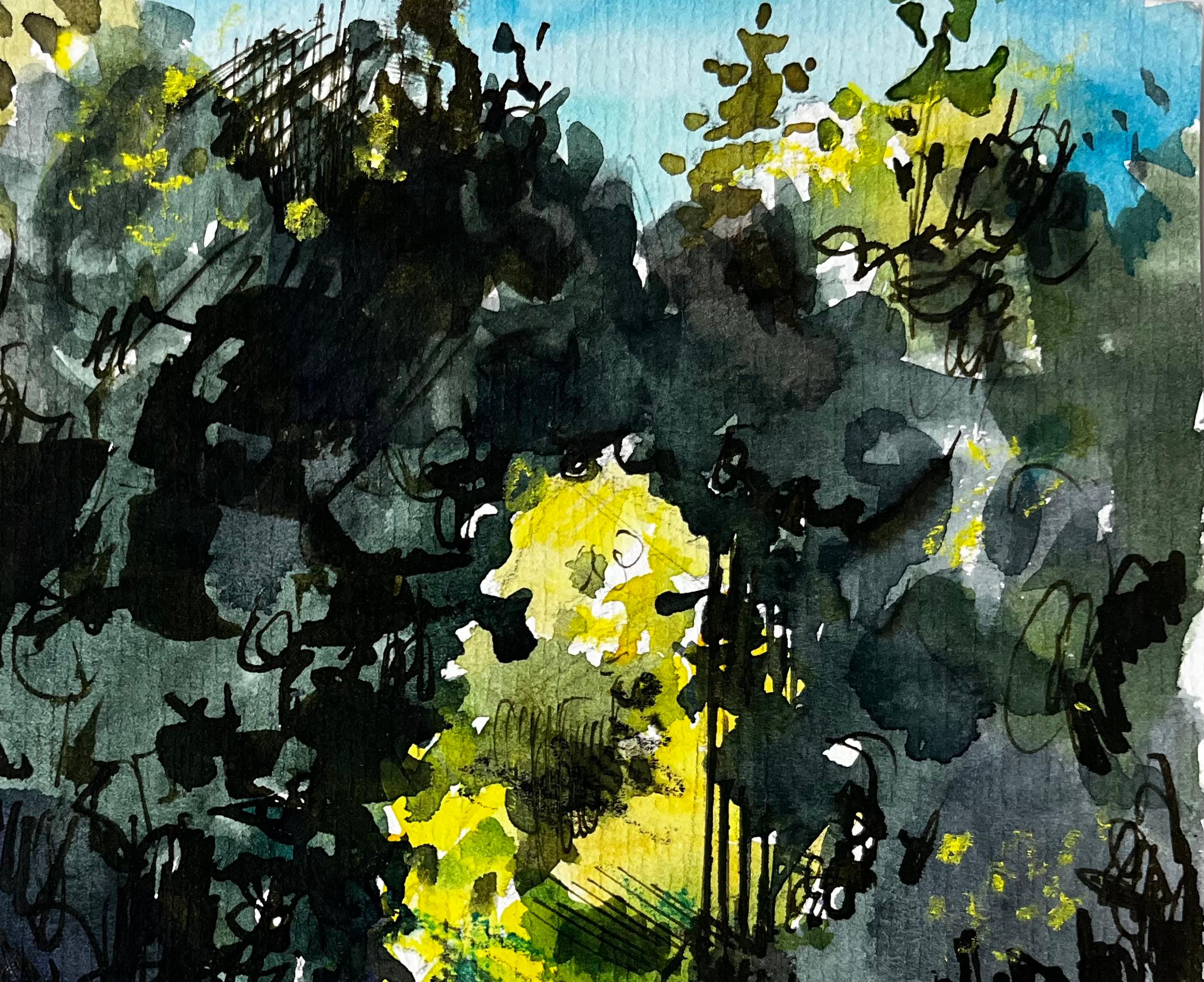Chemin forestier ensoleillé avec fleurs Aquarelle française en vente 1