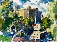 Clisson Riverside Townscape with Castle and Reflections French Watercolour Paint