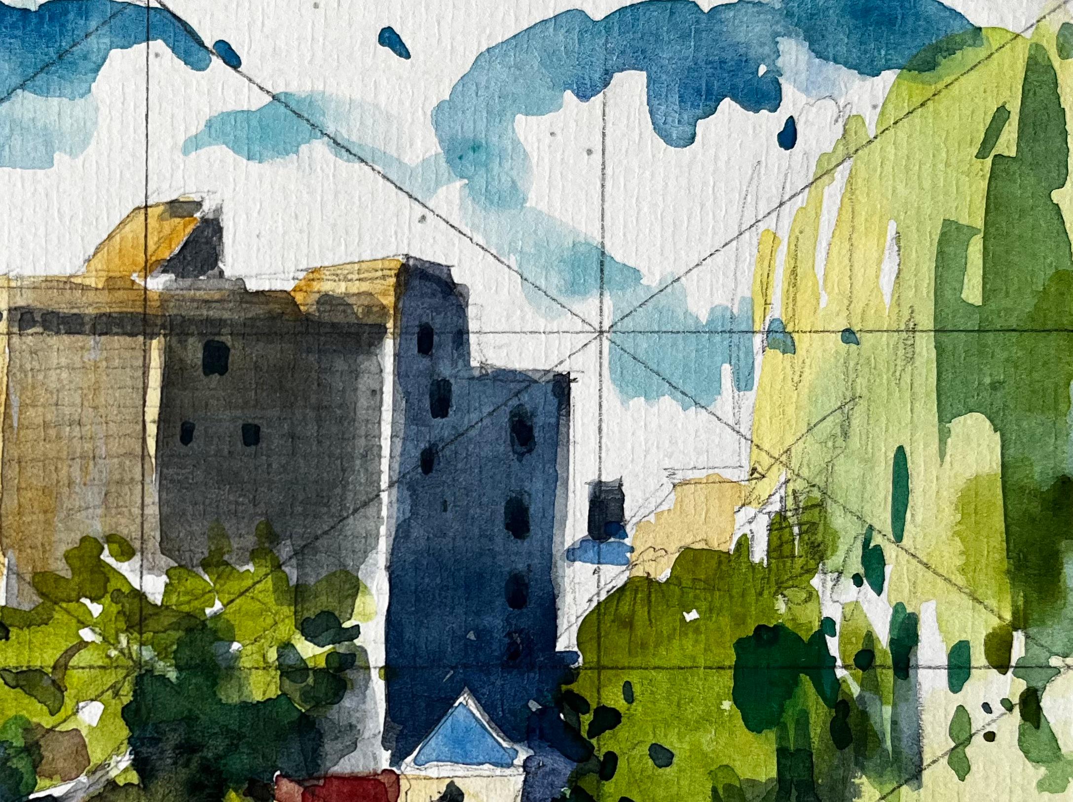 Aquarelle française - paysage urbain de Clisson avec château et reflets - Post-impressionnisme Art par Pierre Neveu