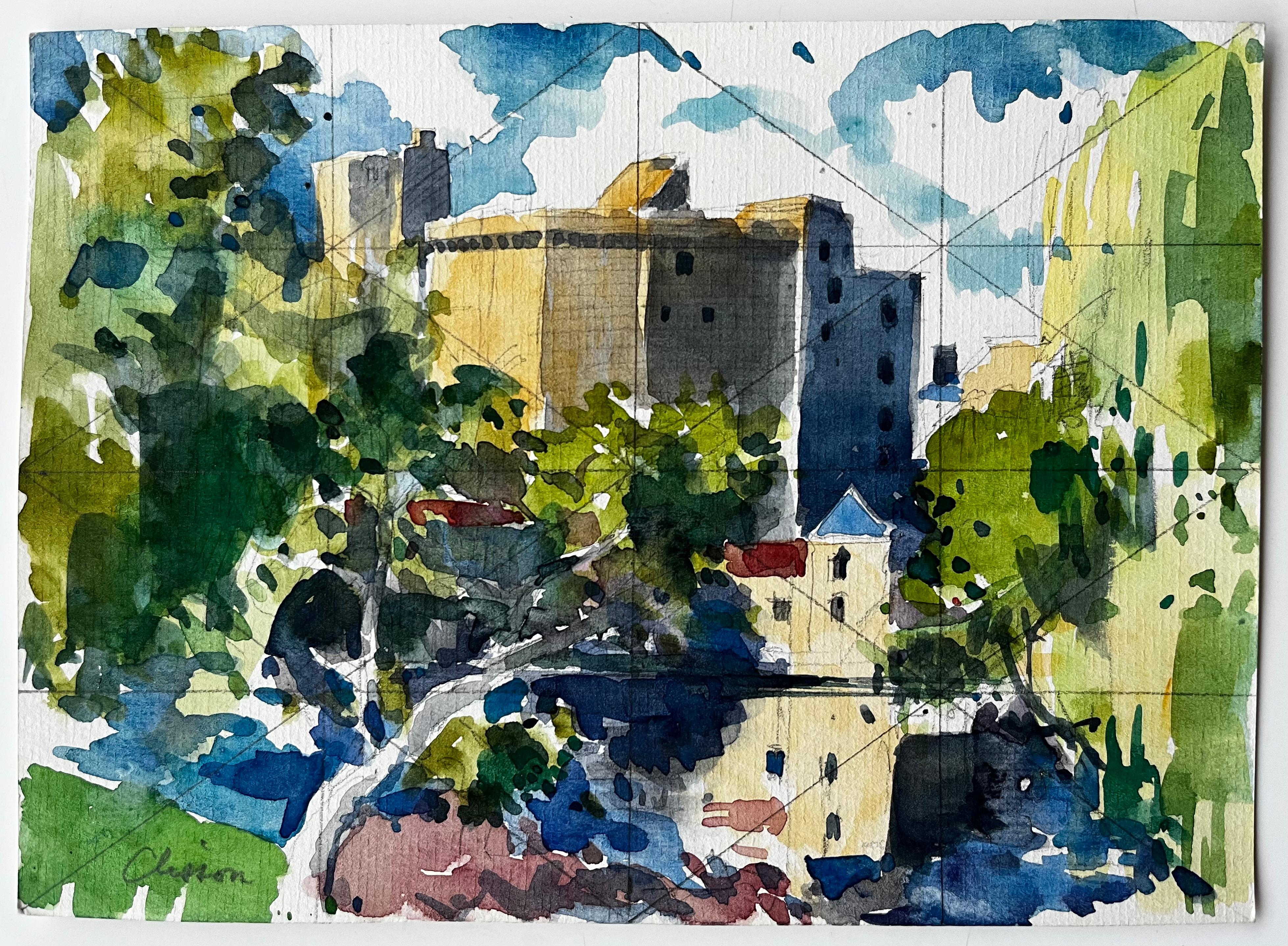 Aquarelle française - paysage urbain de Clisson avec château et reflets - Art de Pierre Neveu