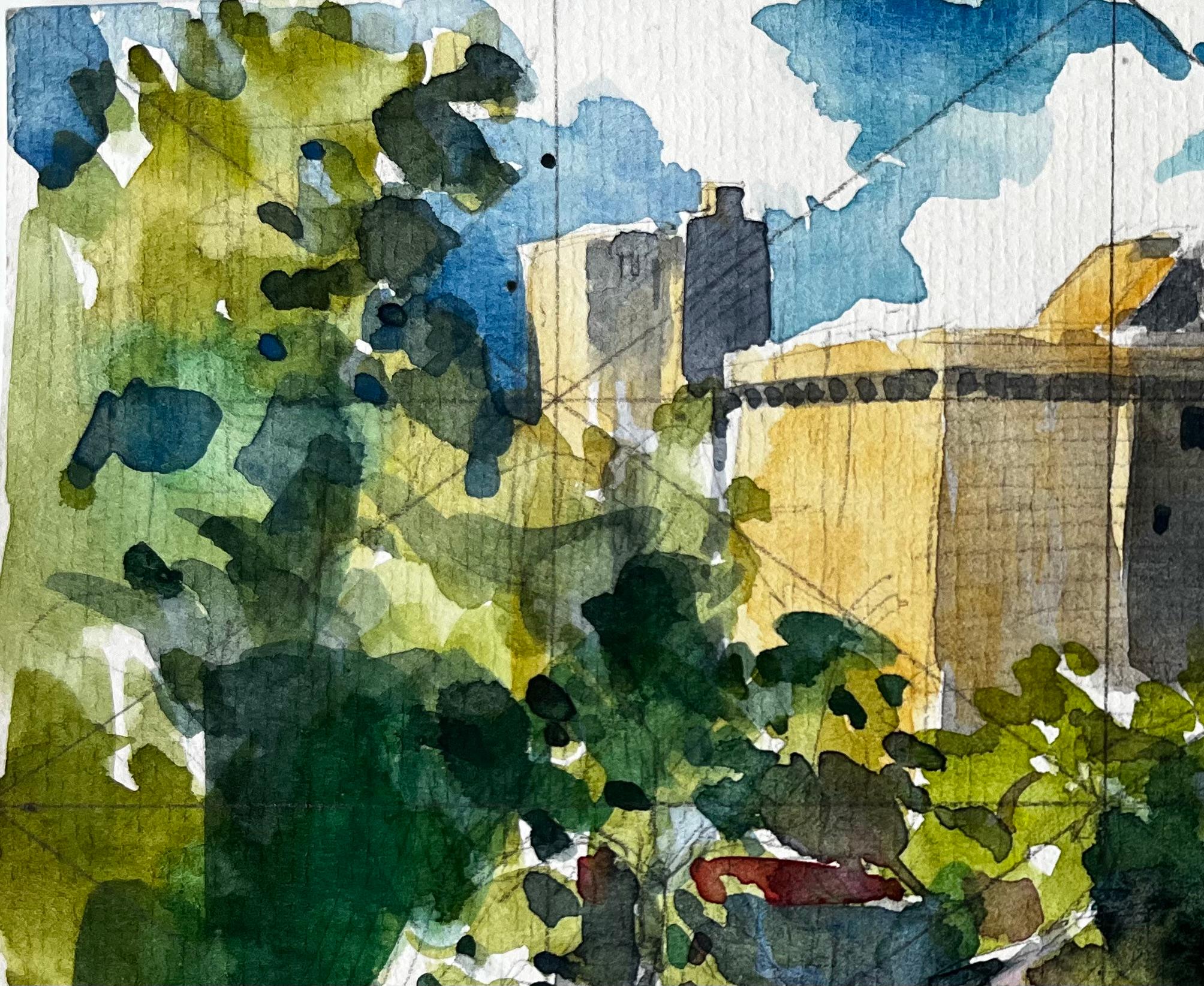 Aquarelle française - paysage urbain de Clisson avec château et reflets - Noir Landscape Art par Pierre Neveu