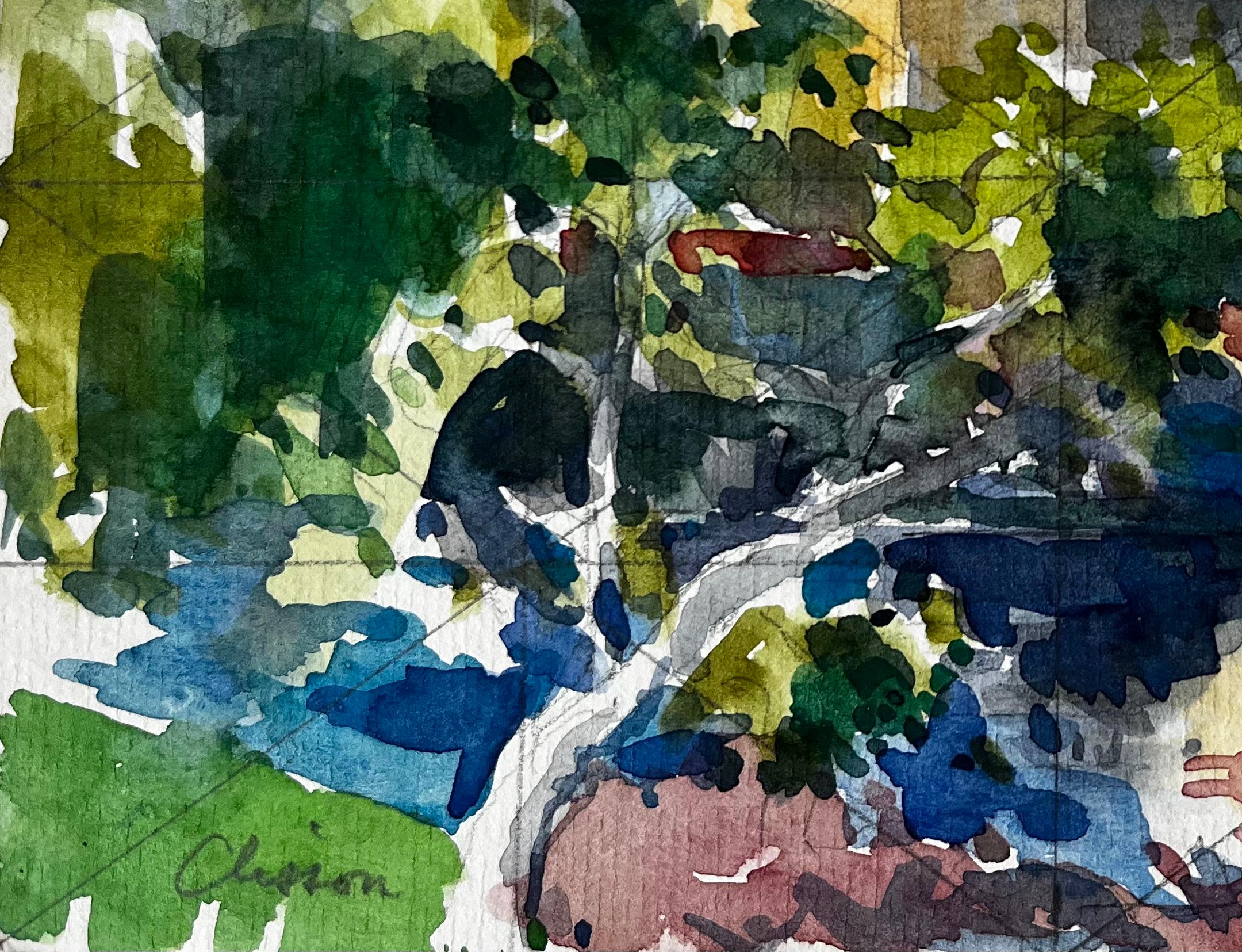 Aquarelle française - paysage urbain de Clisson avec château et reflets en vente 1